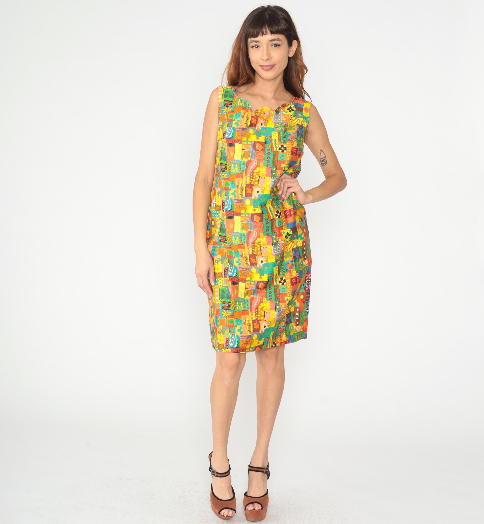 60s Psychedelic Patchwork Shift Dress Multicolor Geometric Mini Cotton Medium