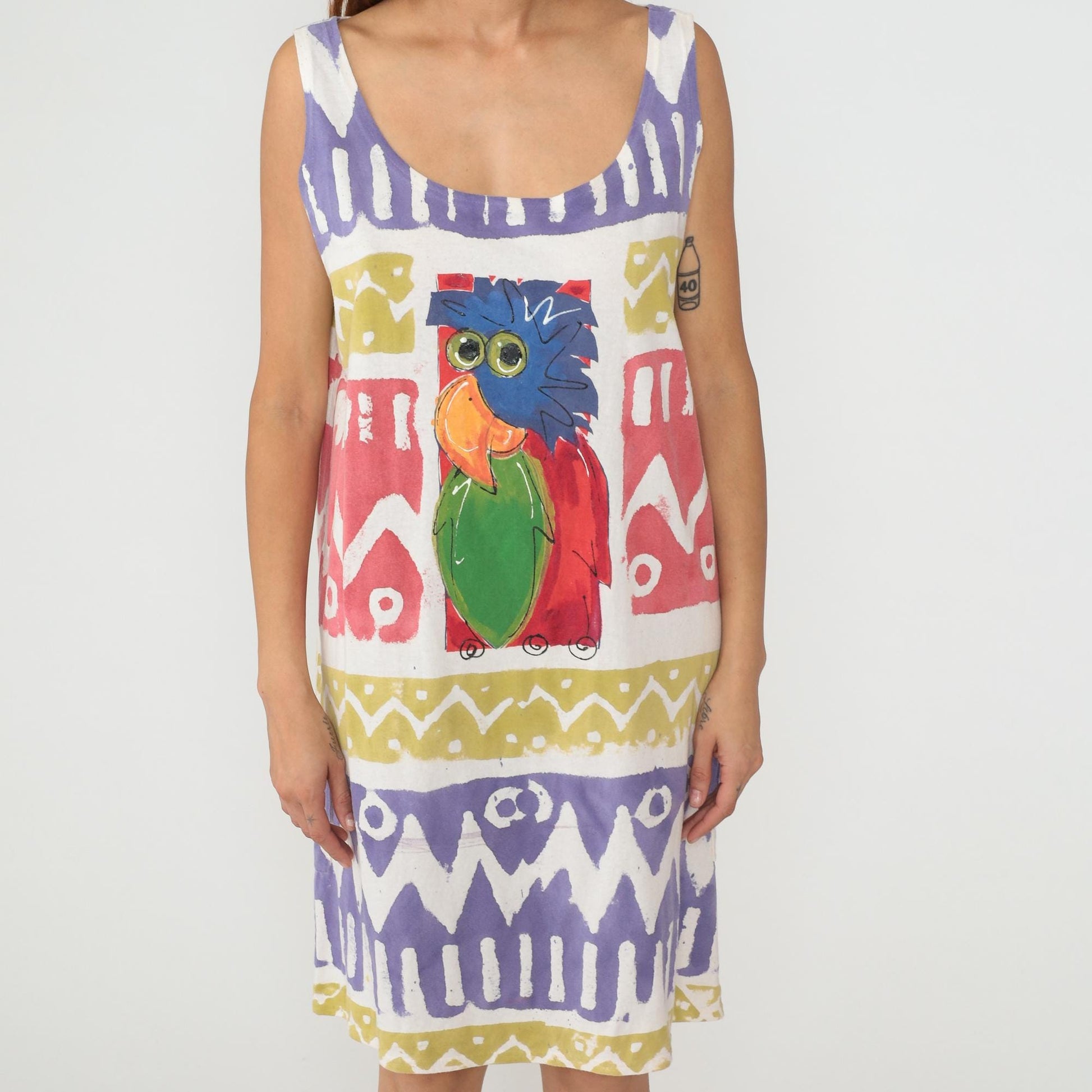 90s Parrot Shift Dress Knee Length Geometric Tribal Print Purple Yellow Pink Large