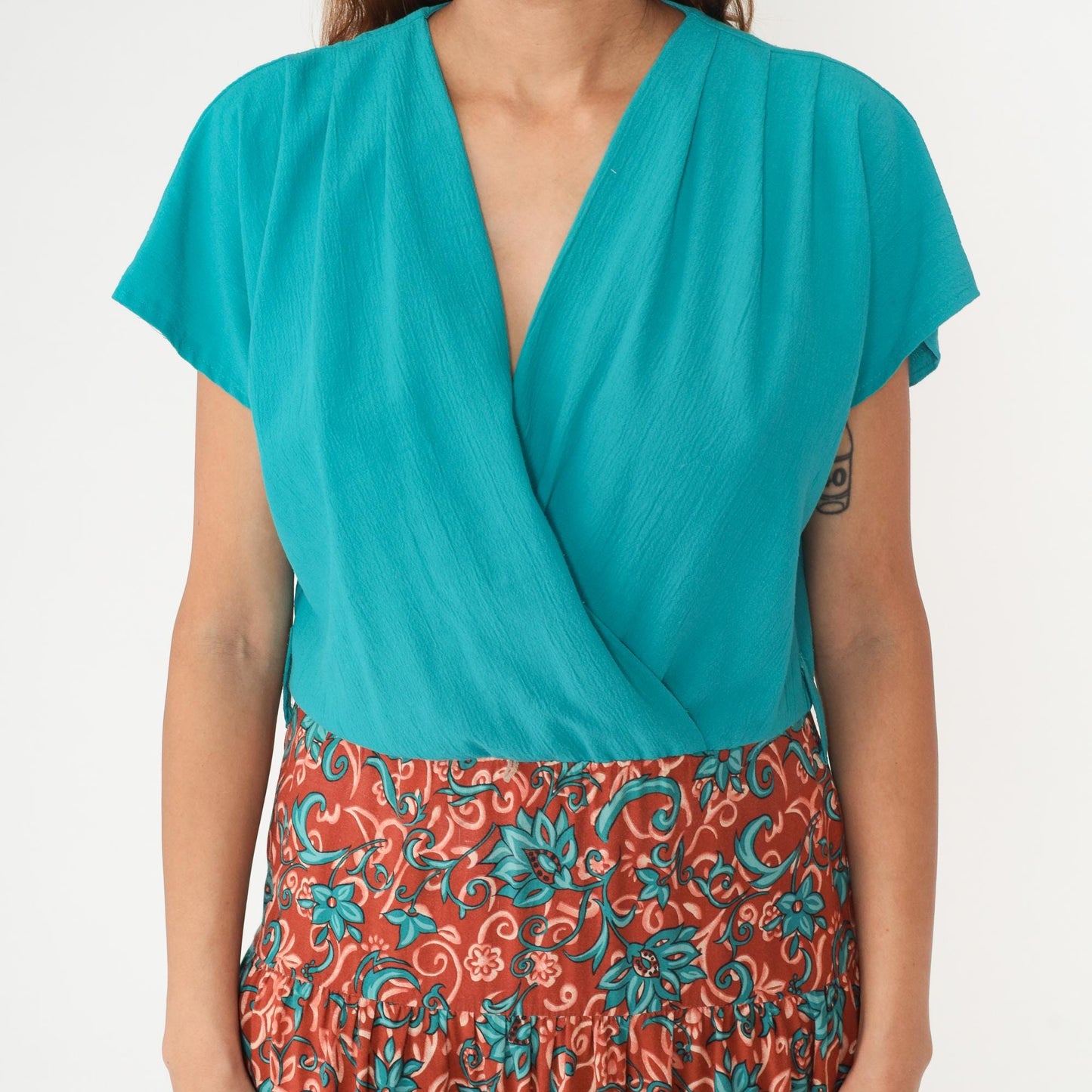 90s Caroline Wells Turquoise Floral Rayon Maxi Dress Short Sleeve Medium