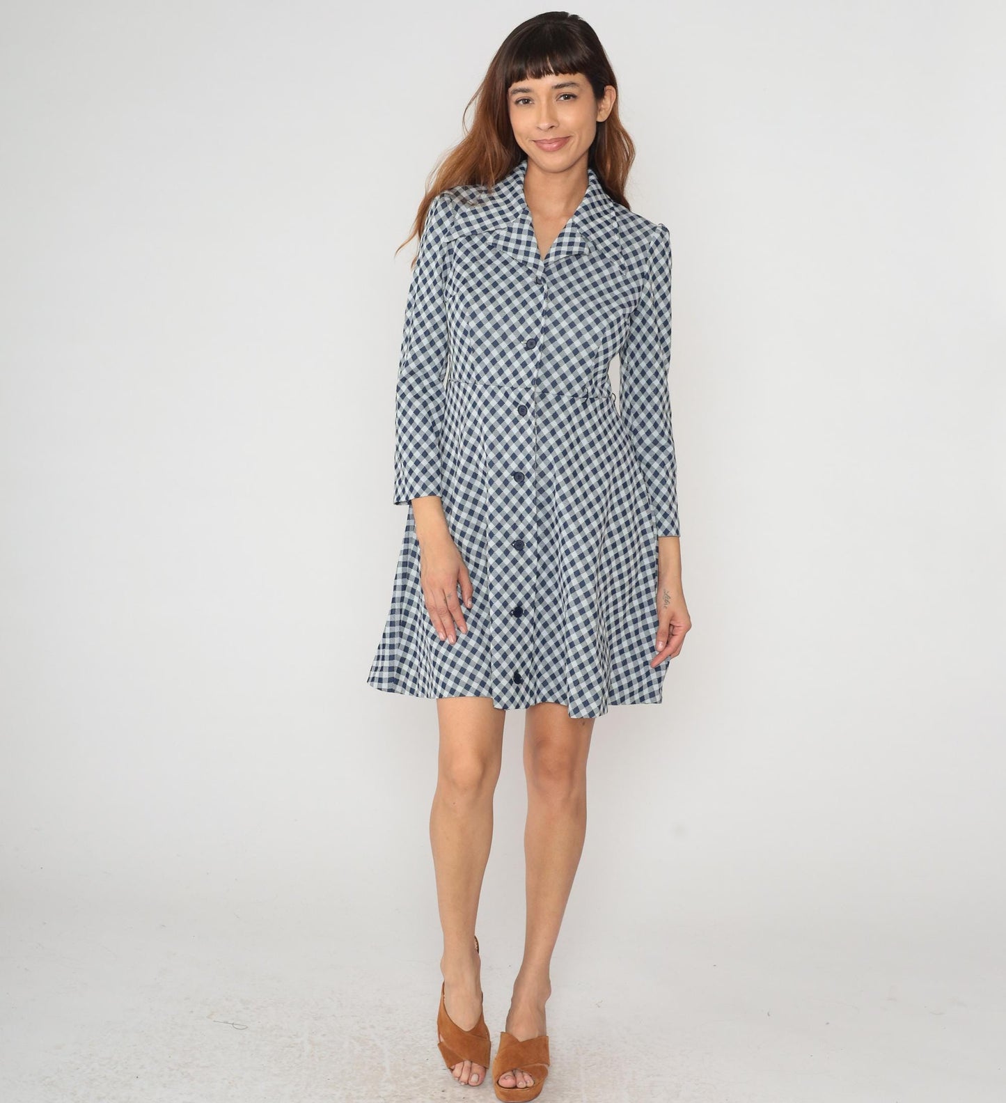 70s Blue White Gingham Check Dress Collared A-Line Long Sleeve Medium