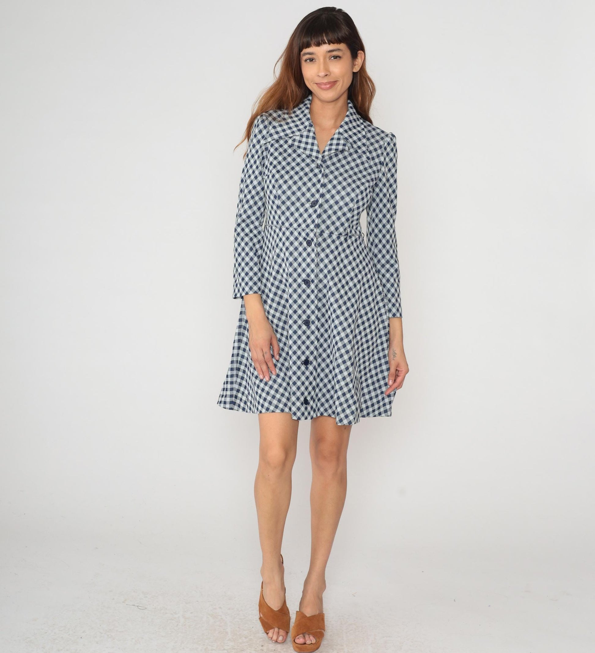 70s Blue White Gingham Check Dress Collared A-Line Long Sleeve Medium