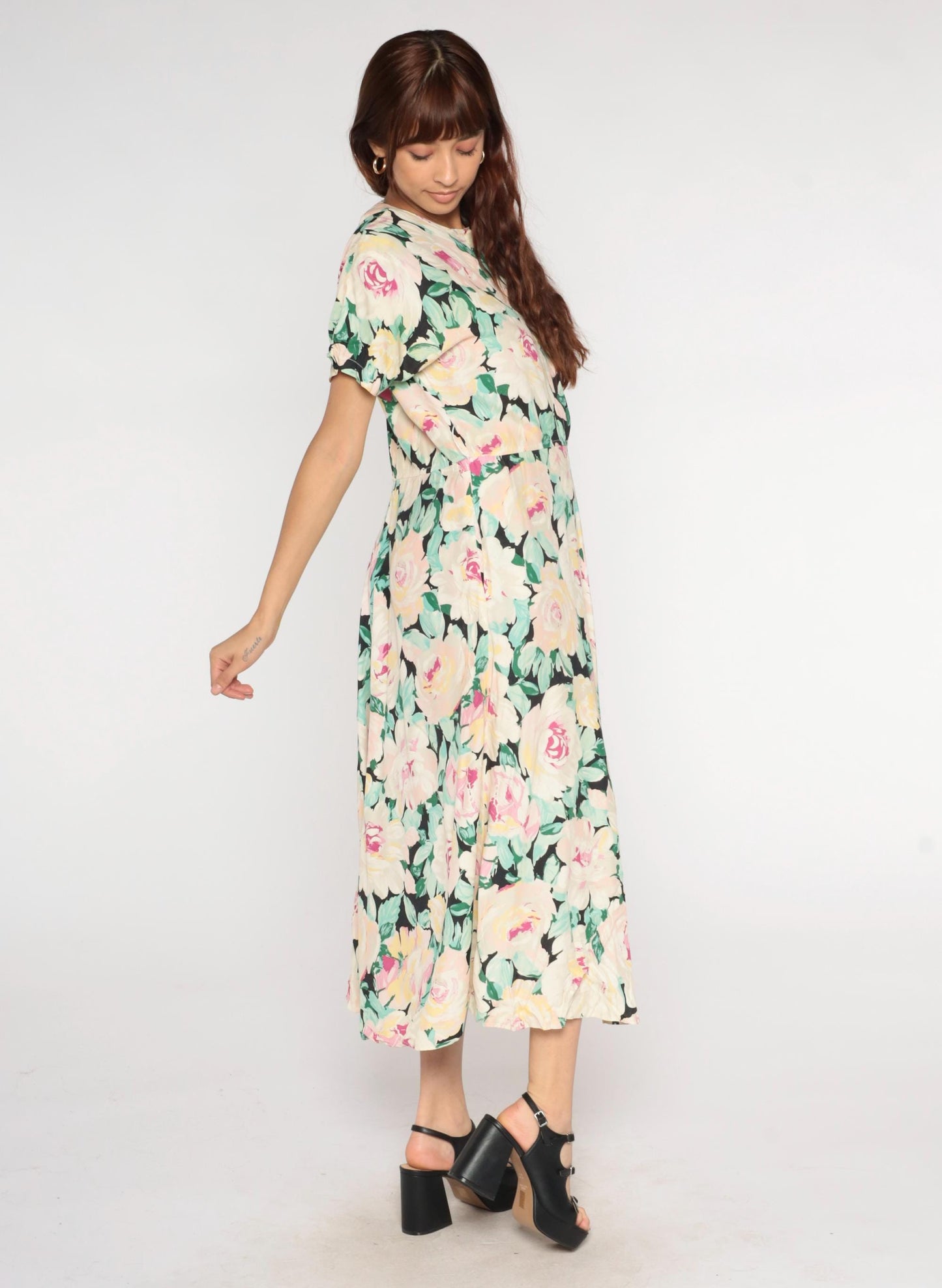 90s Carol Anderson Pastel Floral Maxi Dress Cream Pink Yellow Green Medium