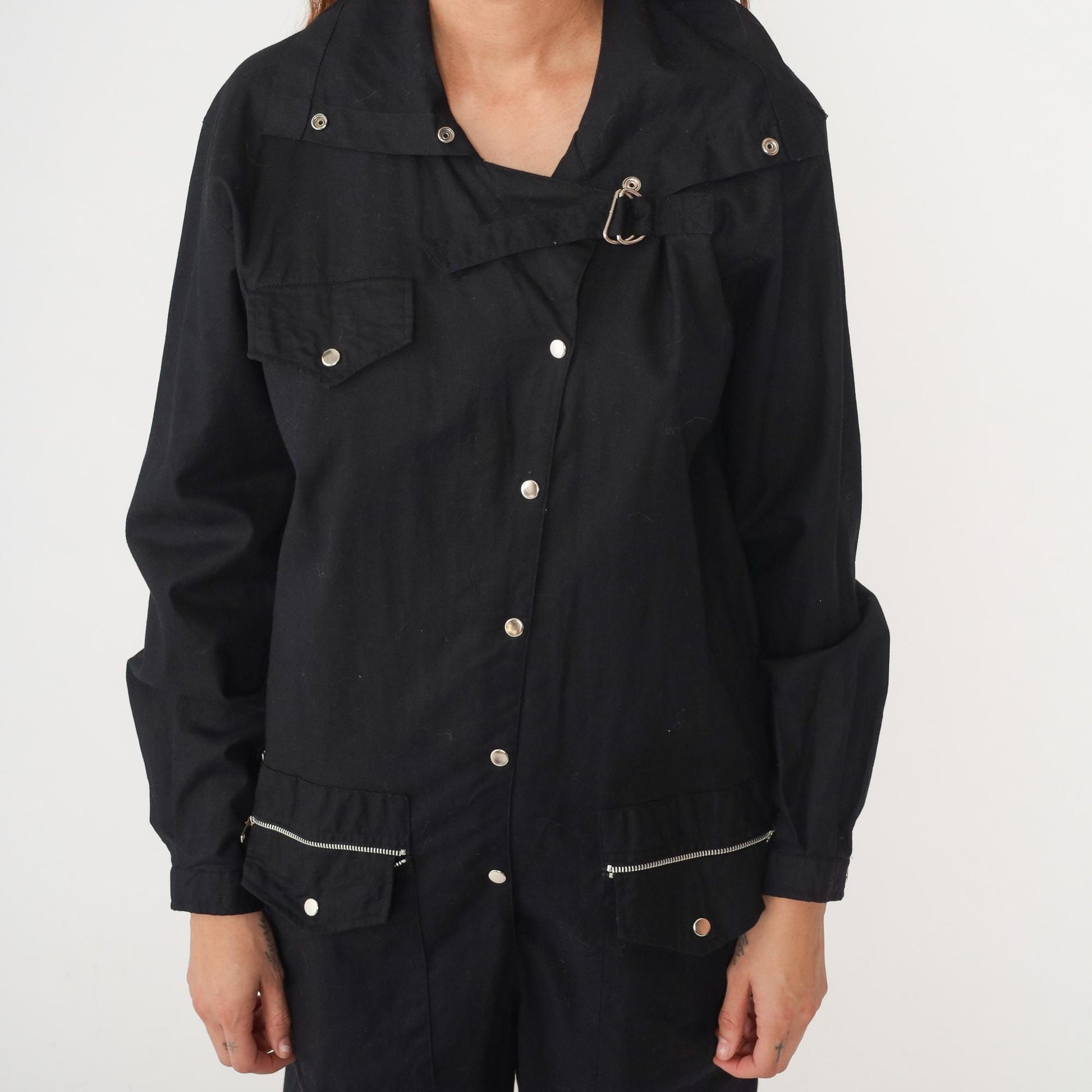 90s Nanci Jennifer Black Cotton Jumpsuit Utility Workwear Snap Medium