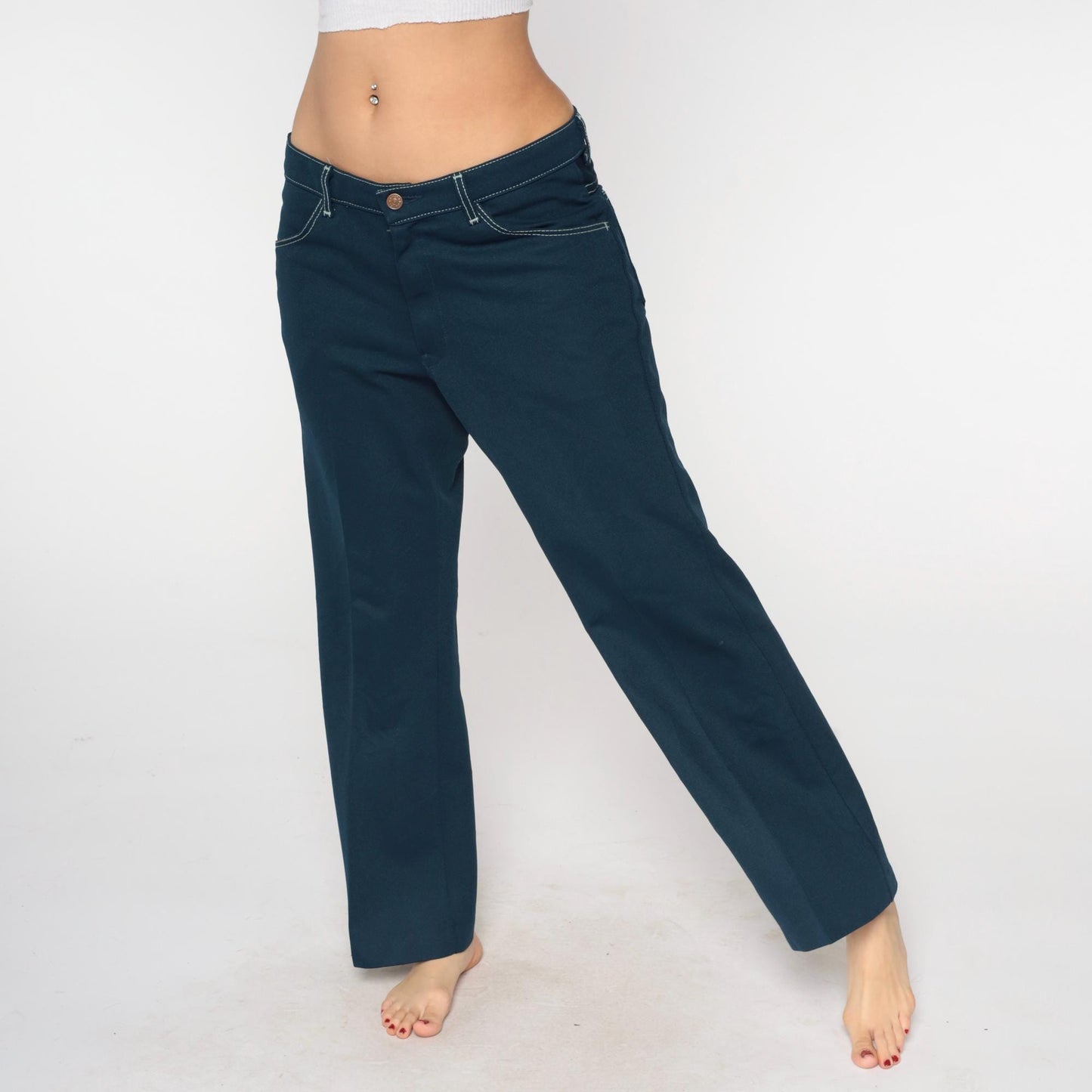 70s Farah Flared Pants Teal Blue White Stitching Low Rise Bell Bottom Large