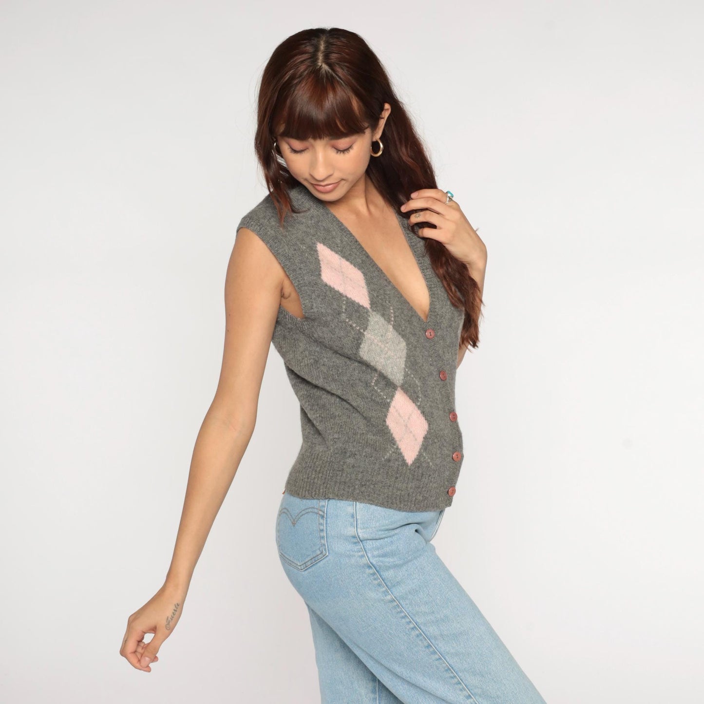 80s Casual Corner Argyle Wool Sweater Vest Grey Pink Cream Medium M