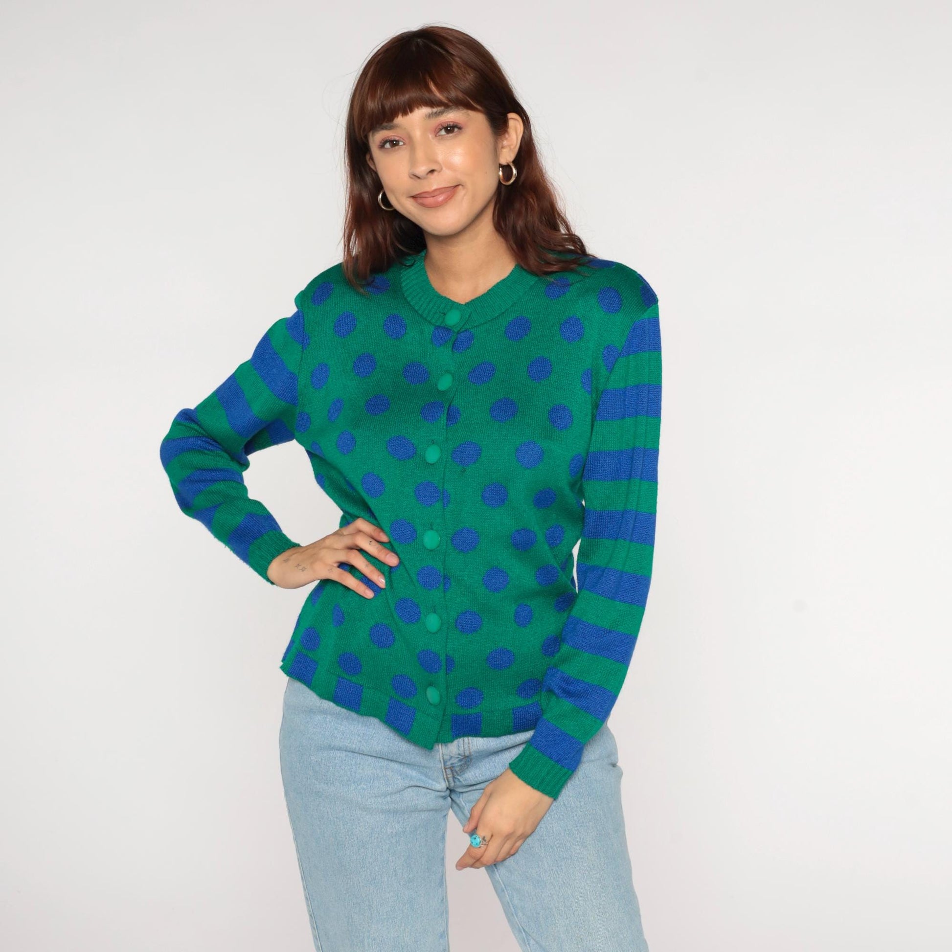 80s Ami Knits Cardigan Green Polka Dot Blue Striped Sleeves Large L