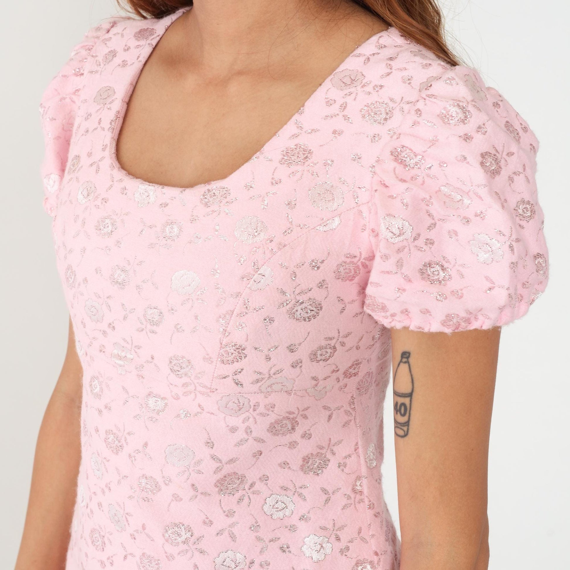 70s Pink Floral Maxi Dress Metallic Jacquard Puff Sleeve Small
