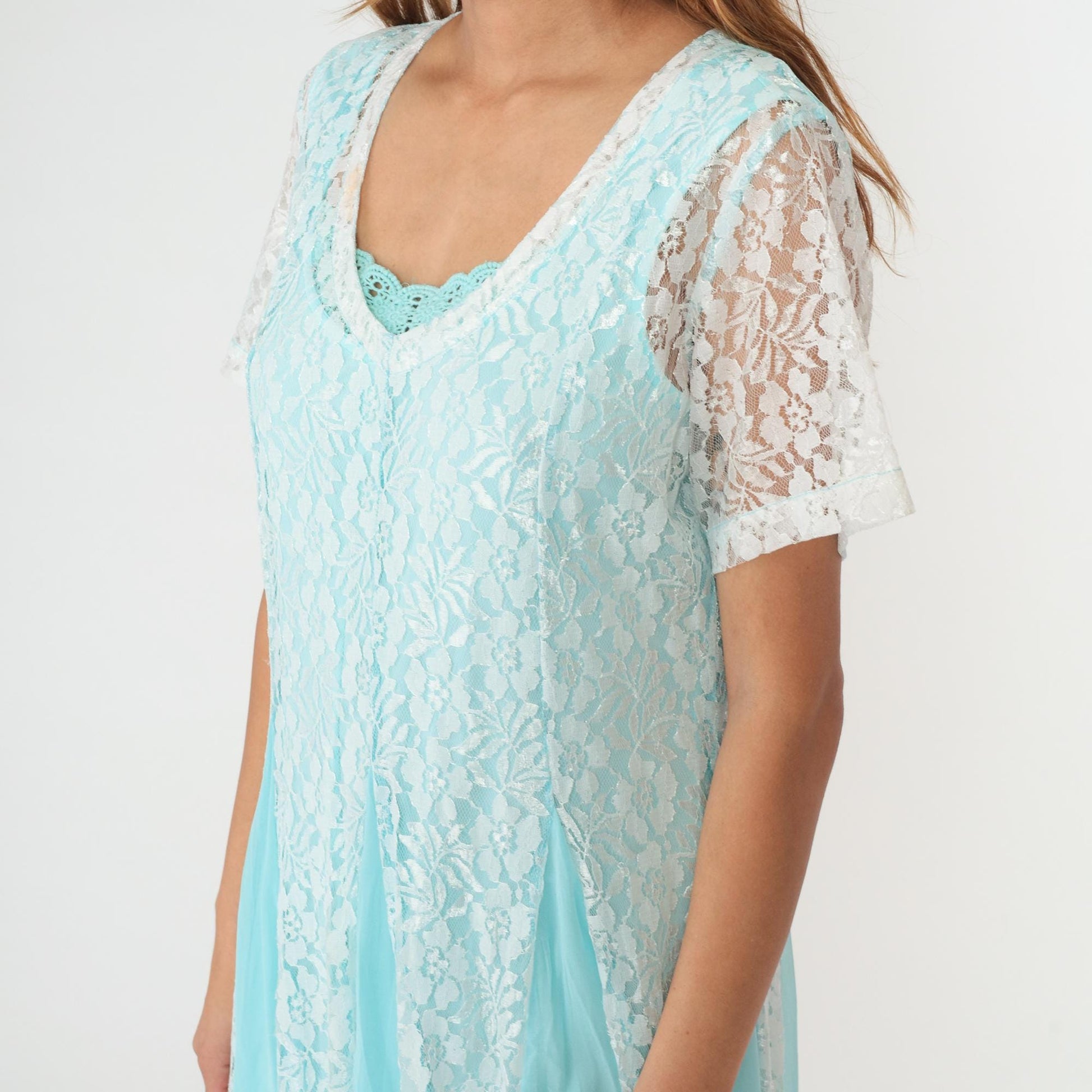 90s Vicki Wayne Aqua Lace Maxi Dress White Crochet Trim V-Neck Large L