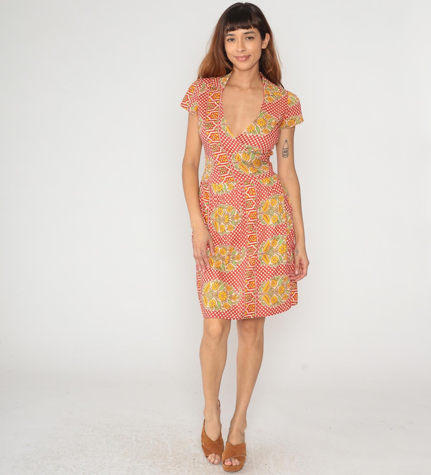 90s Wrap Dress Coral Red Polka Dot Floral Print Cotton V-Neck Medium M