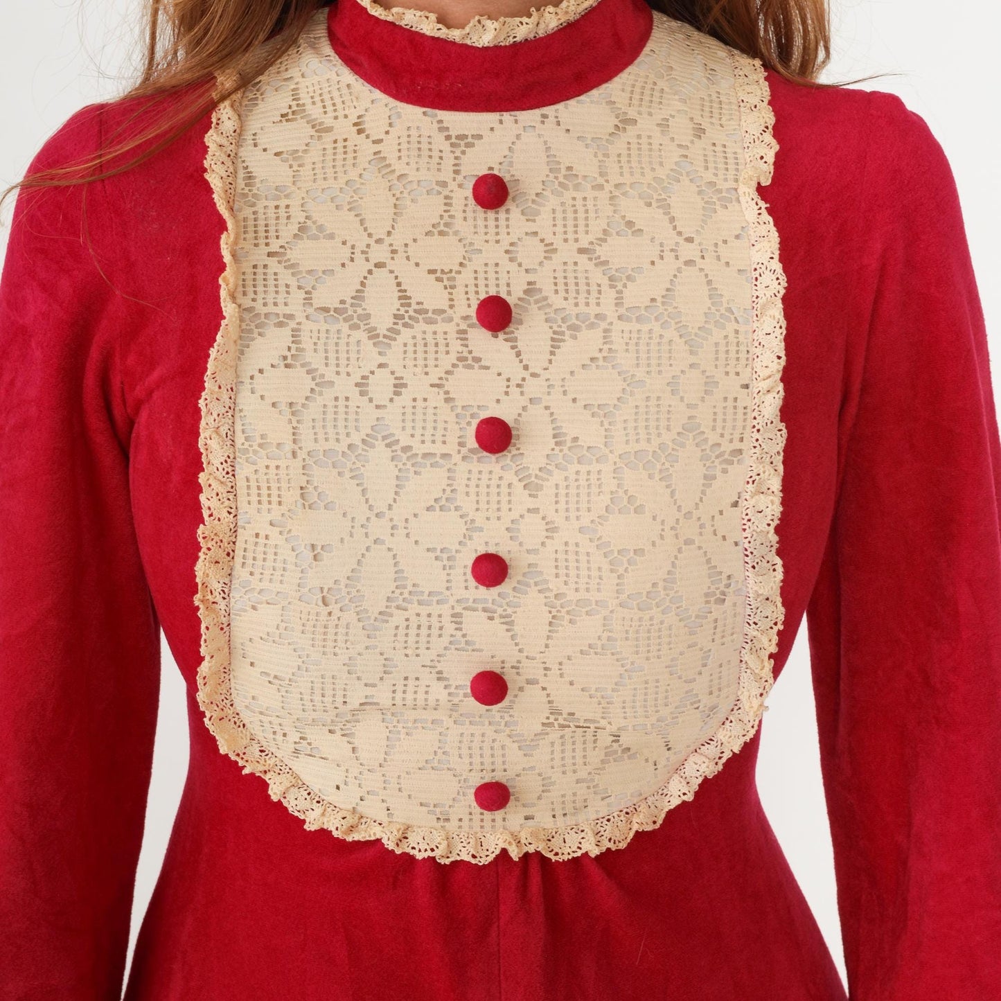 70s Burgundy Velvet Maxi Dress Lace Bib Mock Neck Button Front Extra Small