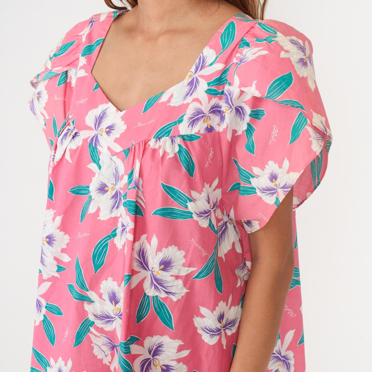 80s Pink Hawaiian Floral Dress V-Neck Flutter Sleeve Knee Length Plus Size XXL