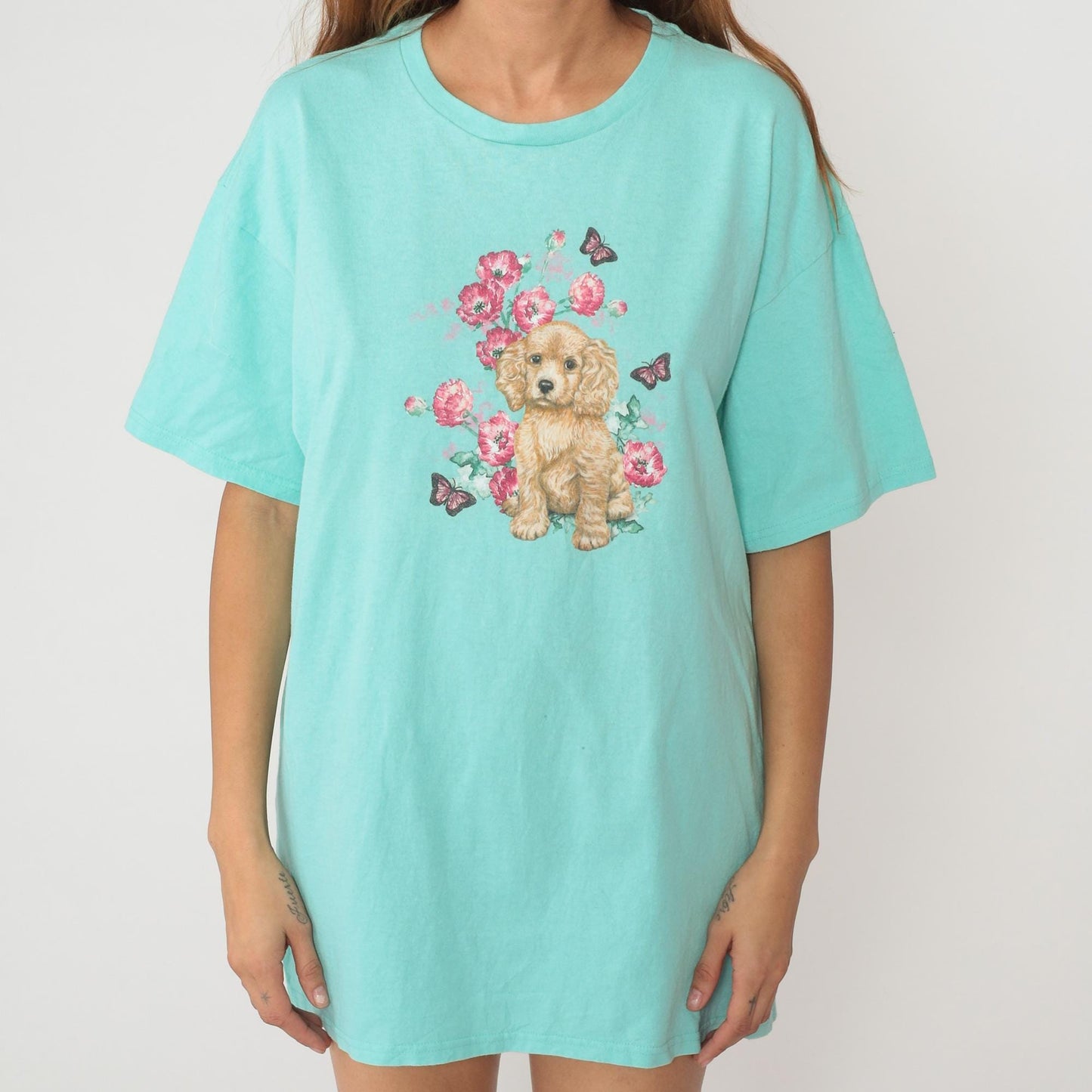 90s Cocker Spaniel Puppy Graphic Tee Turquoise Floral Butterfly Cotton Extra Large XL
