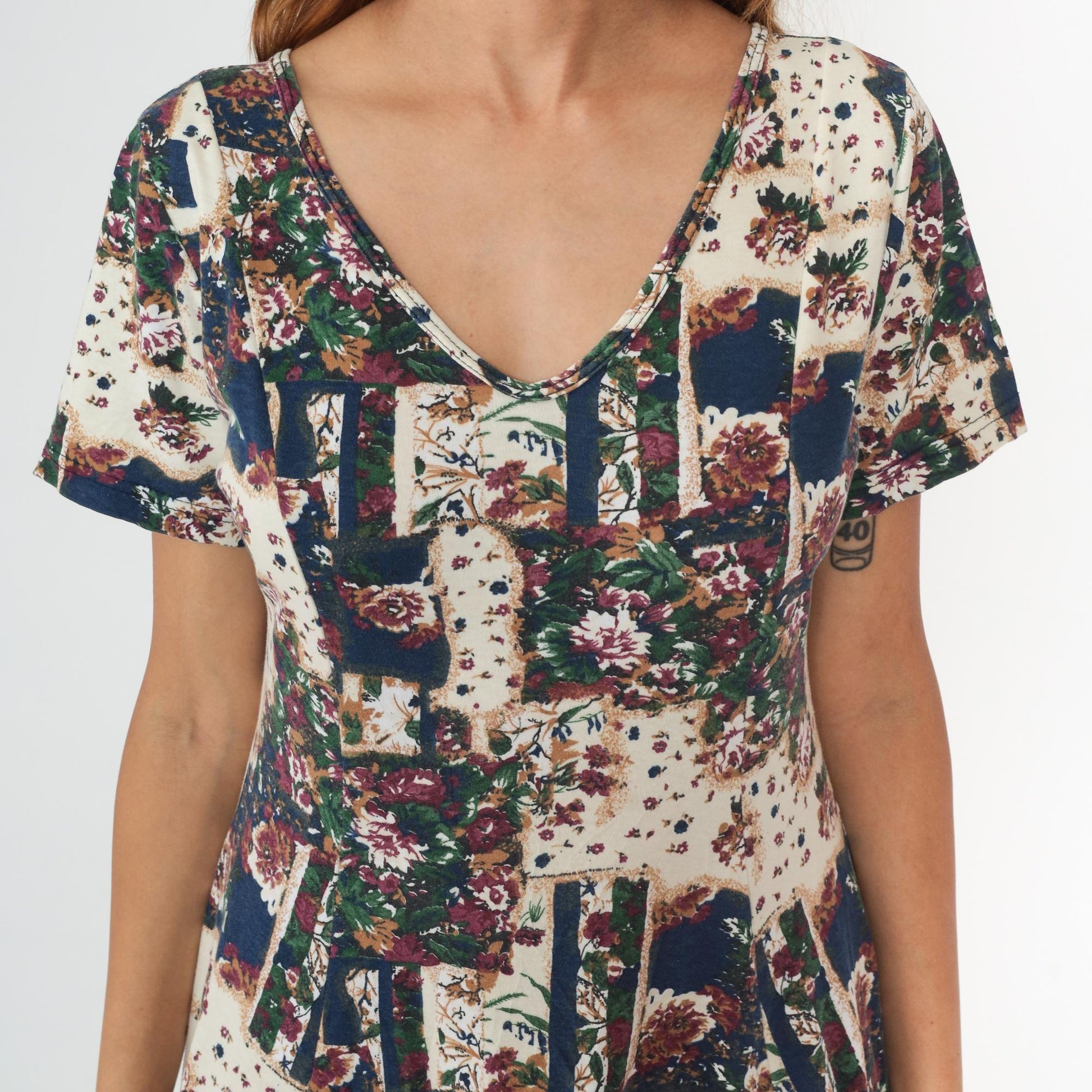 90s Patchwork Floral Midi Dress Cream Navy Burgundy Green Cotton V-Neck Medium M