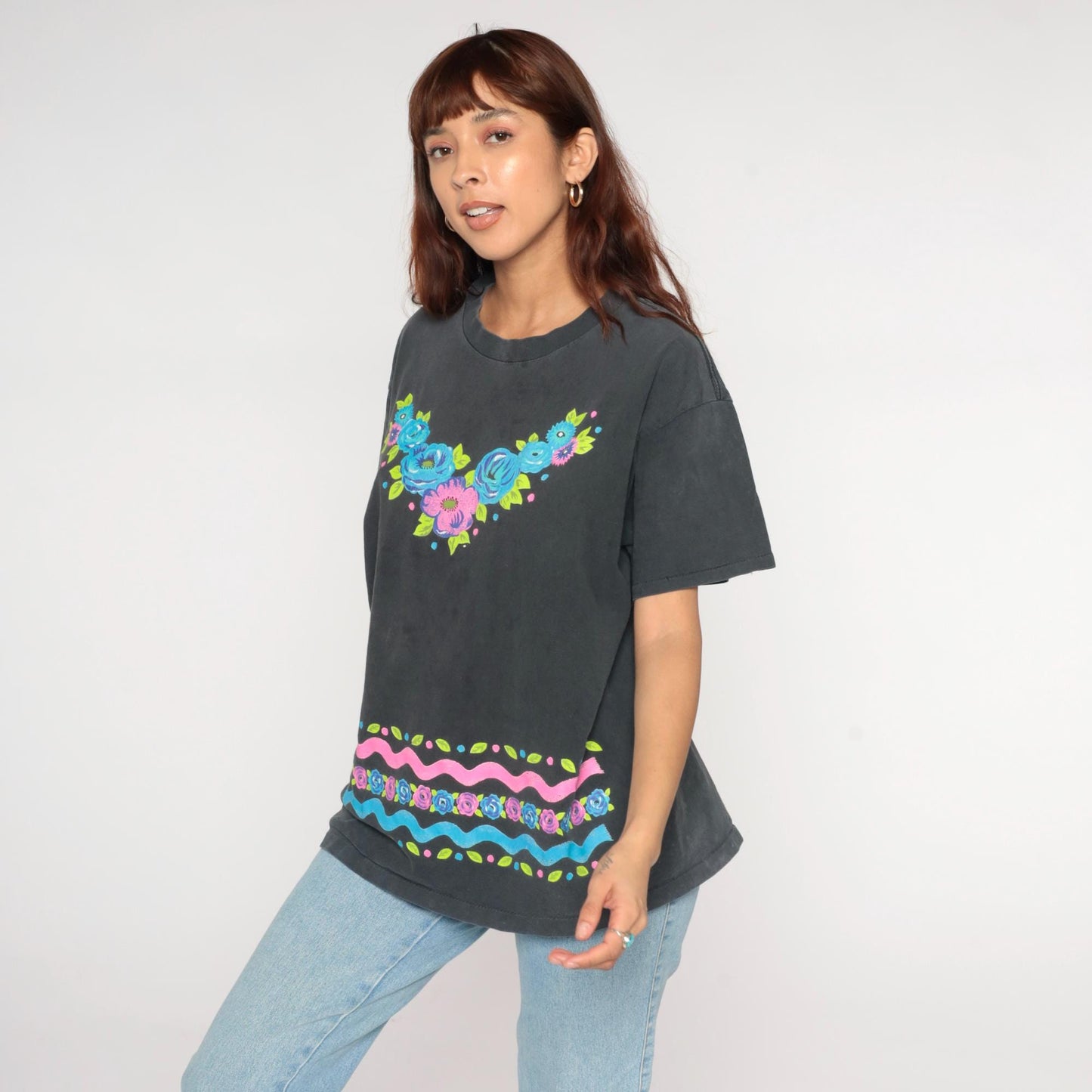 90s Jacques Moret Floral Cotton T-Shirt Blue Pink Roses Graphic Tee Large