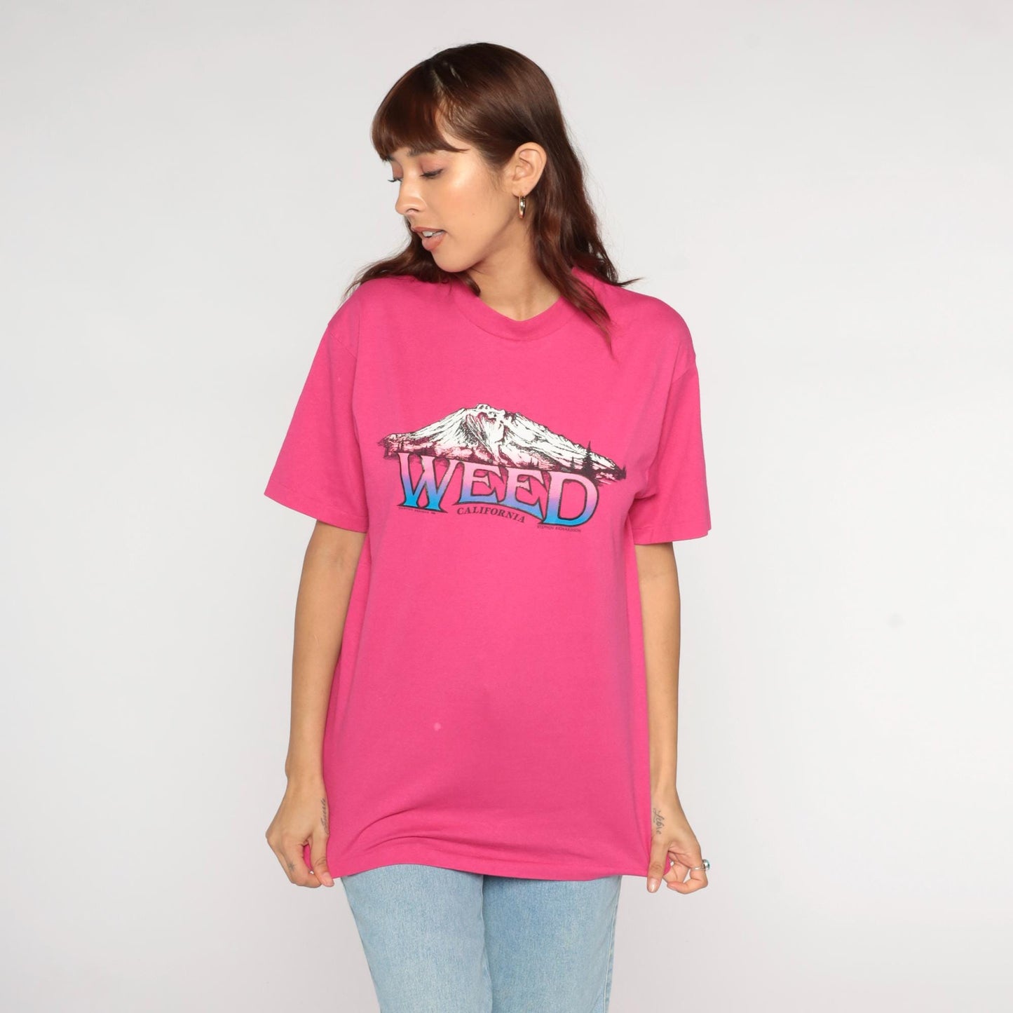 80s Weed California Mountain Graphic T-Shirt Hot Pink Hanes Large L