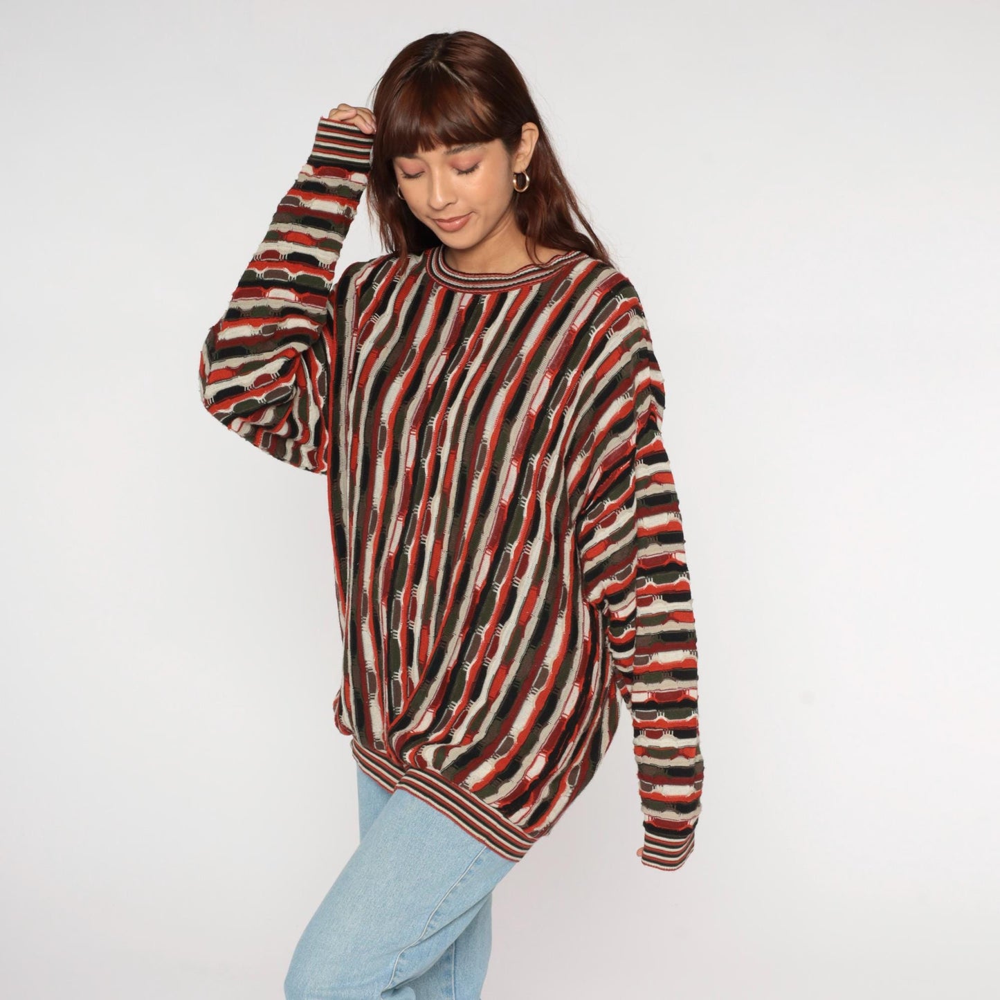 90s Protege Vertical Stripe Crewneck Sweater Rust Orange Black Cream Extra Large