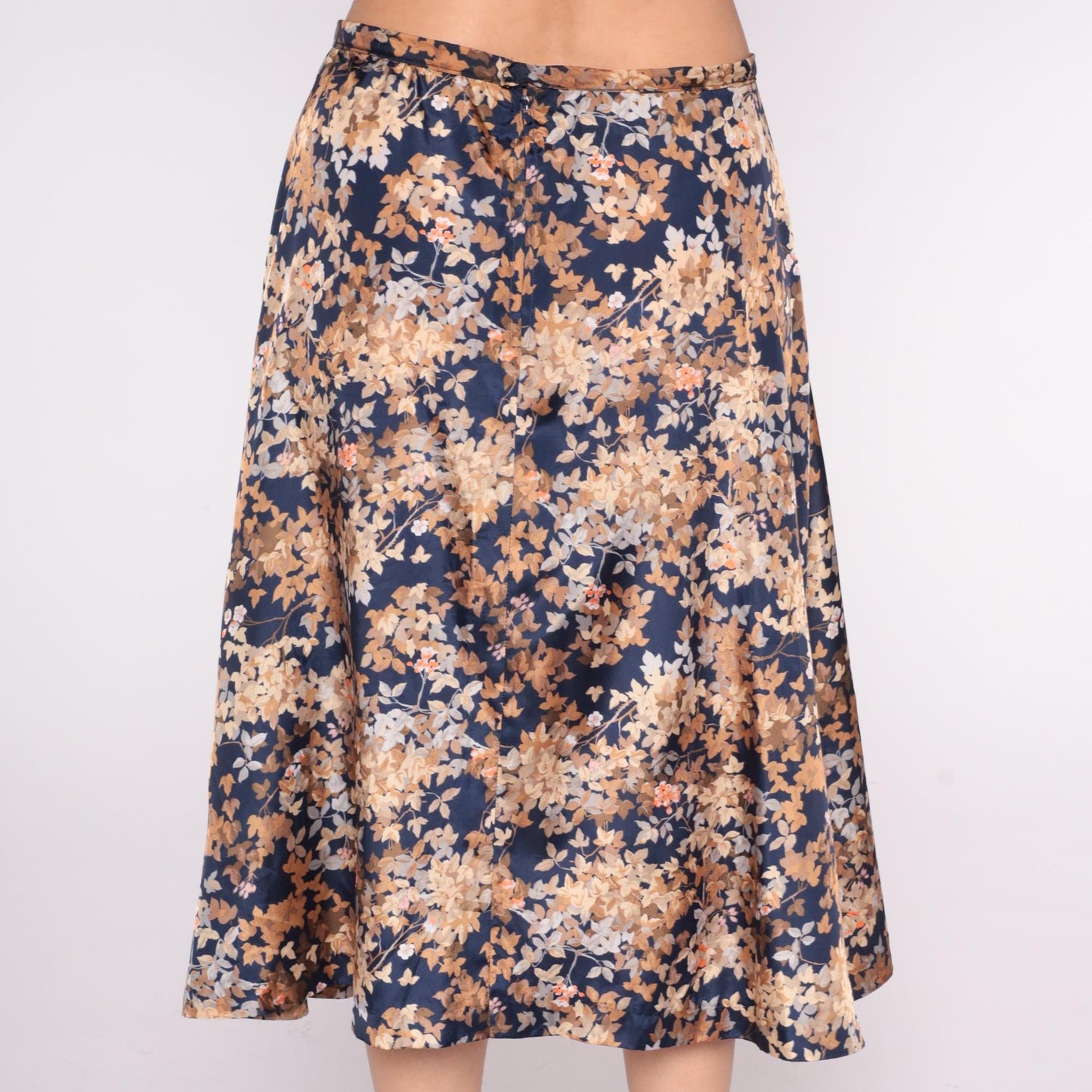 80s Navy Floral Midi Skirt Tie Waist A-Line Peach Tan Brown Large L