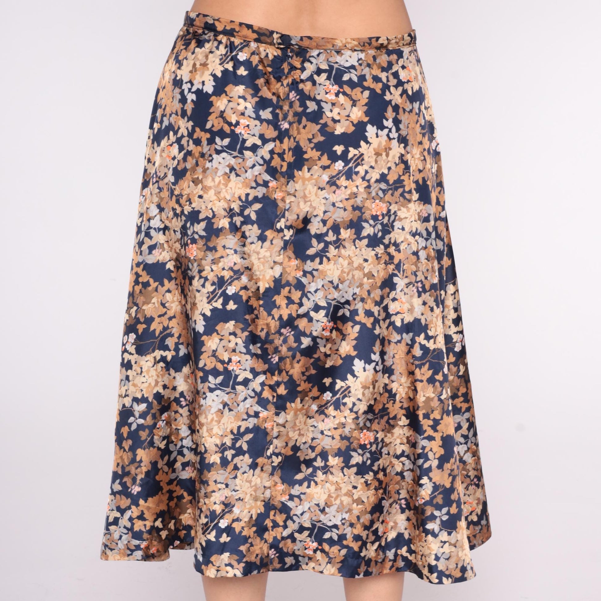 80s Navy Floral Midi Skirt Tie Waist A-Line Peach Tan Brown Large L