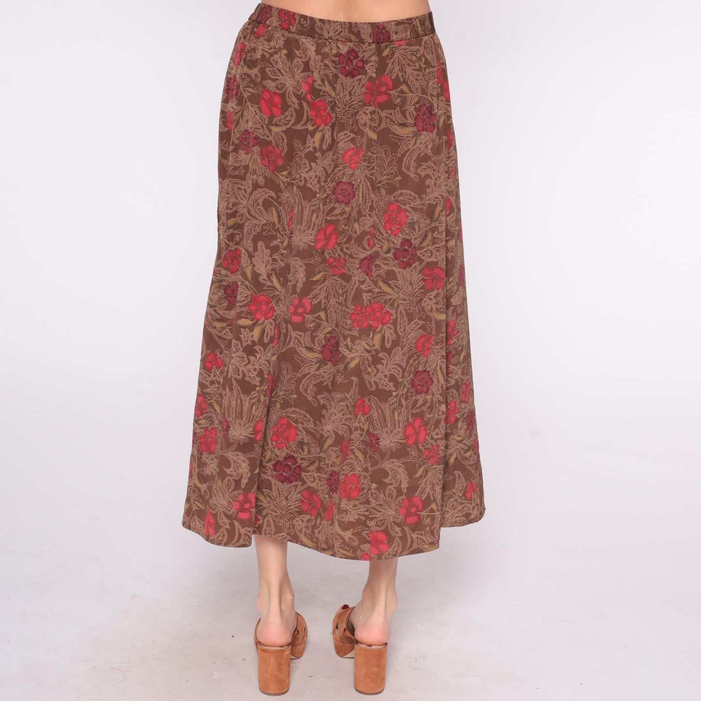 90s Brown Floral Maxi Skirt Red Burgundy Paisley Elastic Waist Large