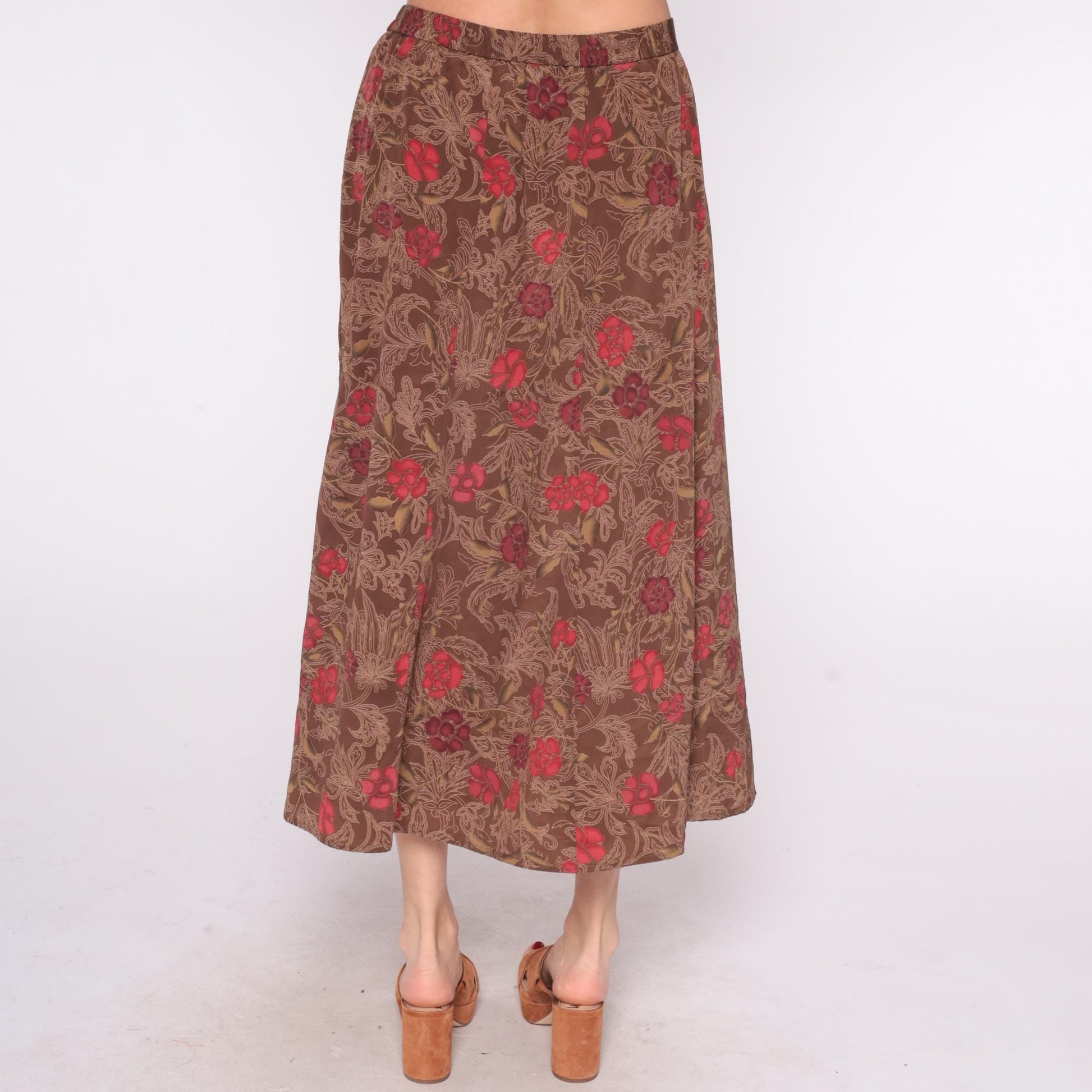 90s Brown Floral Maxi Skirt Red Burgundy Paisley Elastic Waist Large