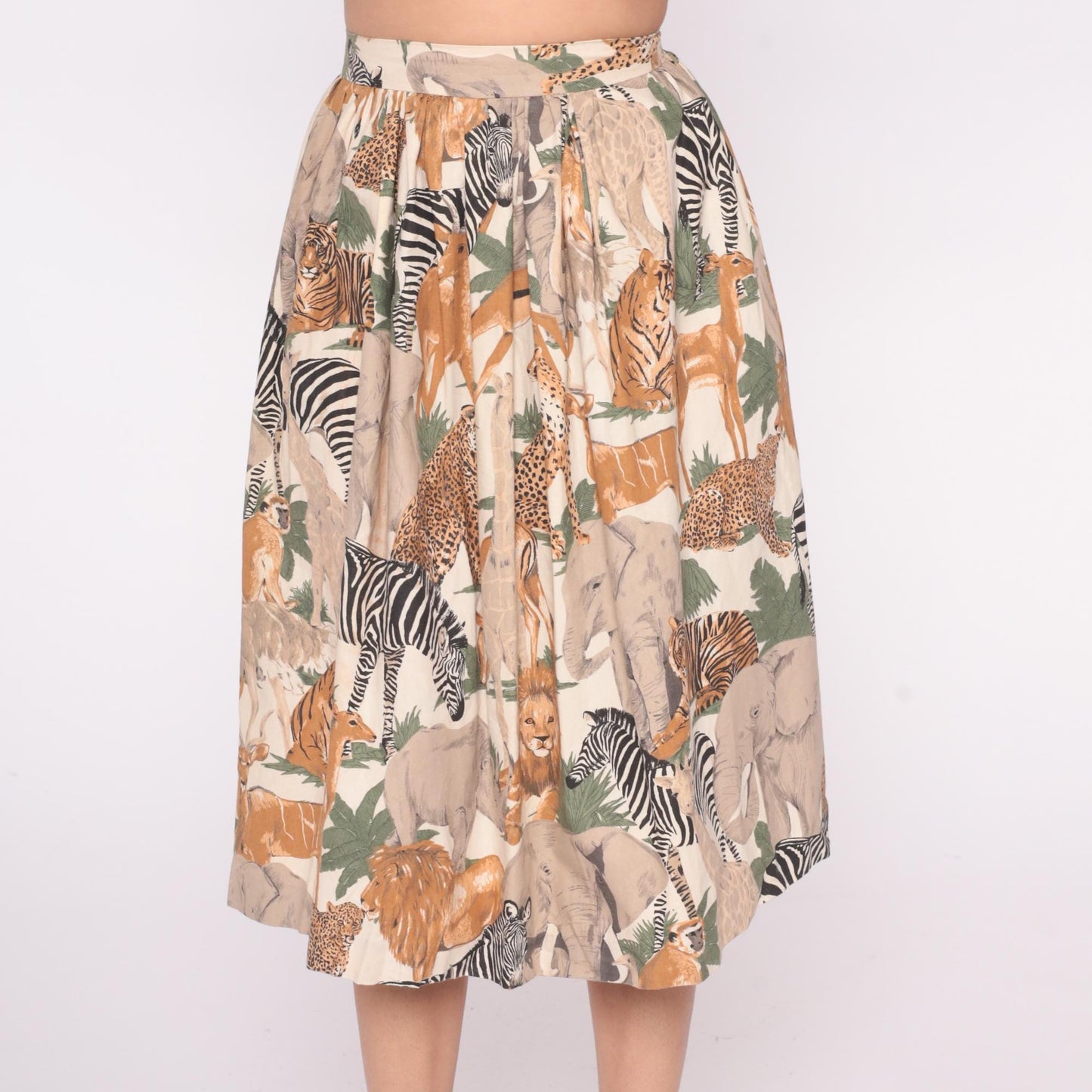 80s Safari Animal Print Skirt Cream Orange Pleated Elastic Waist Small