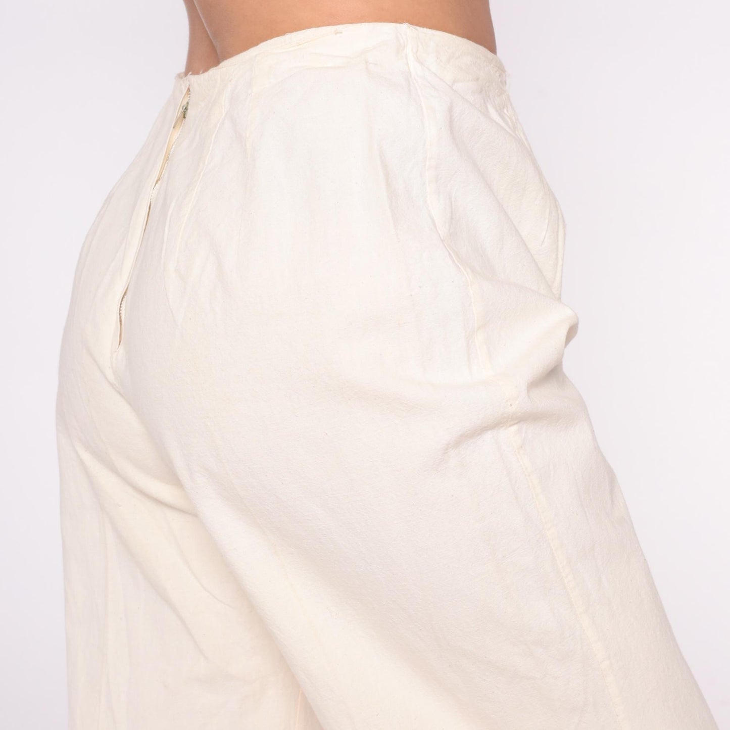 80s Floral Embroidered Cream Wide Leg Pants High Waist Palazzo Cotton Medium