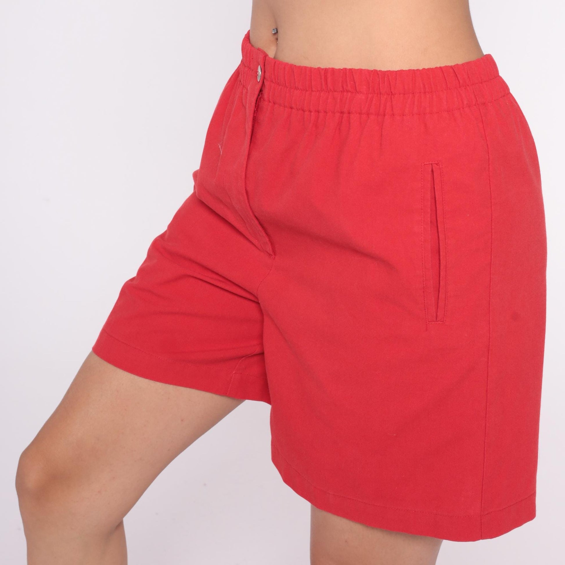 90s Karen Scott Red Cotton Shorts High Waisted Elastic Waist Small