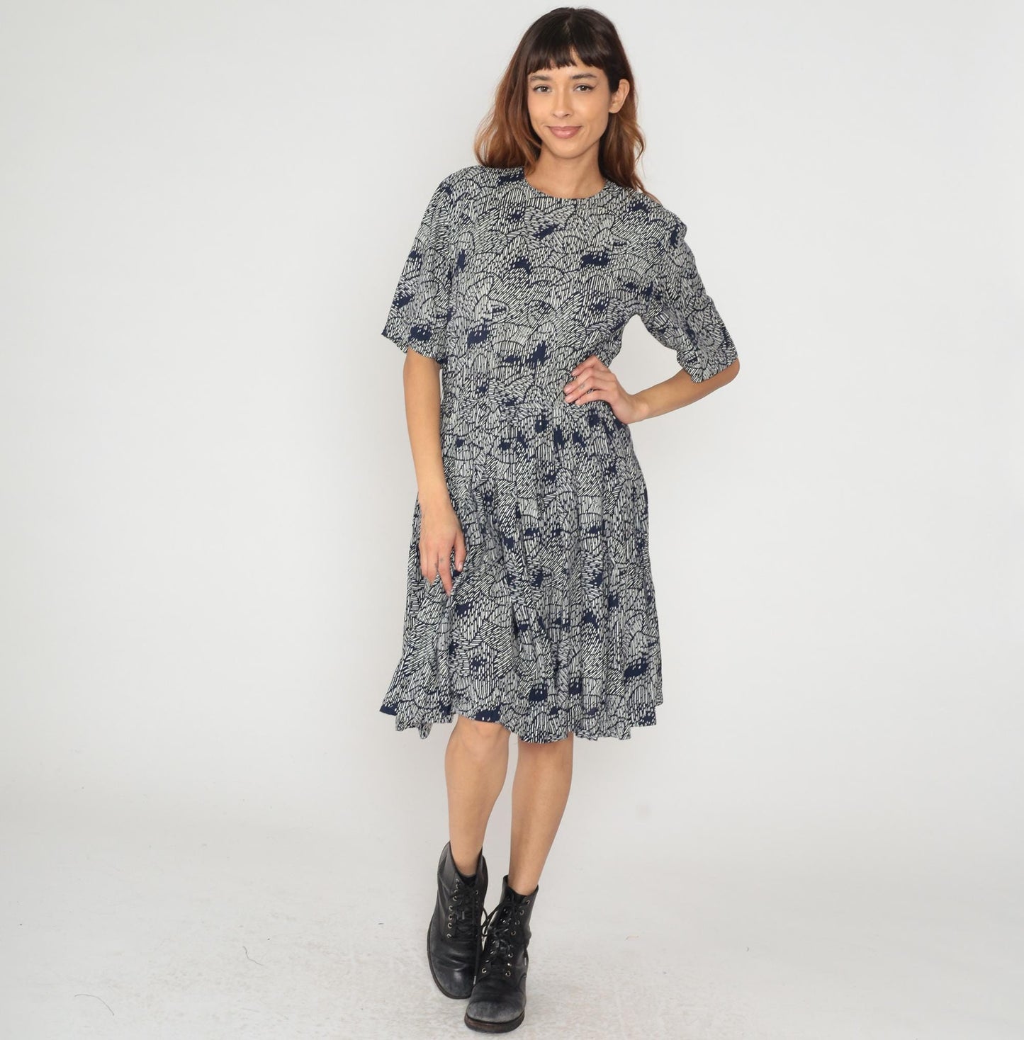 80s Ms Claus Navy White Geometric Abstract Print Midi Dress Medium