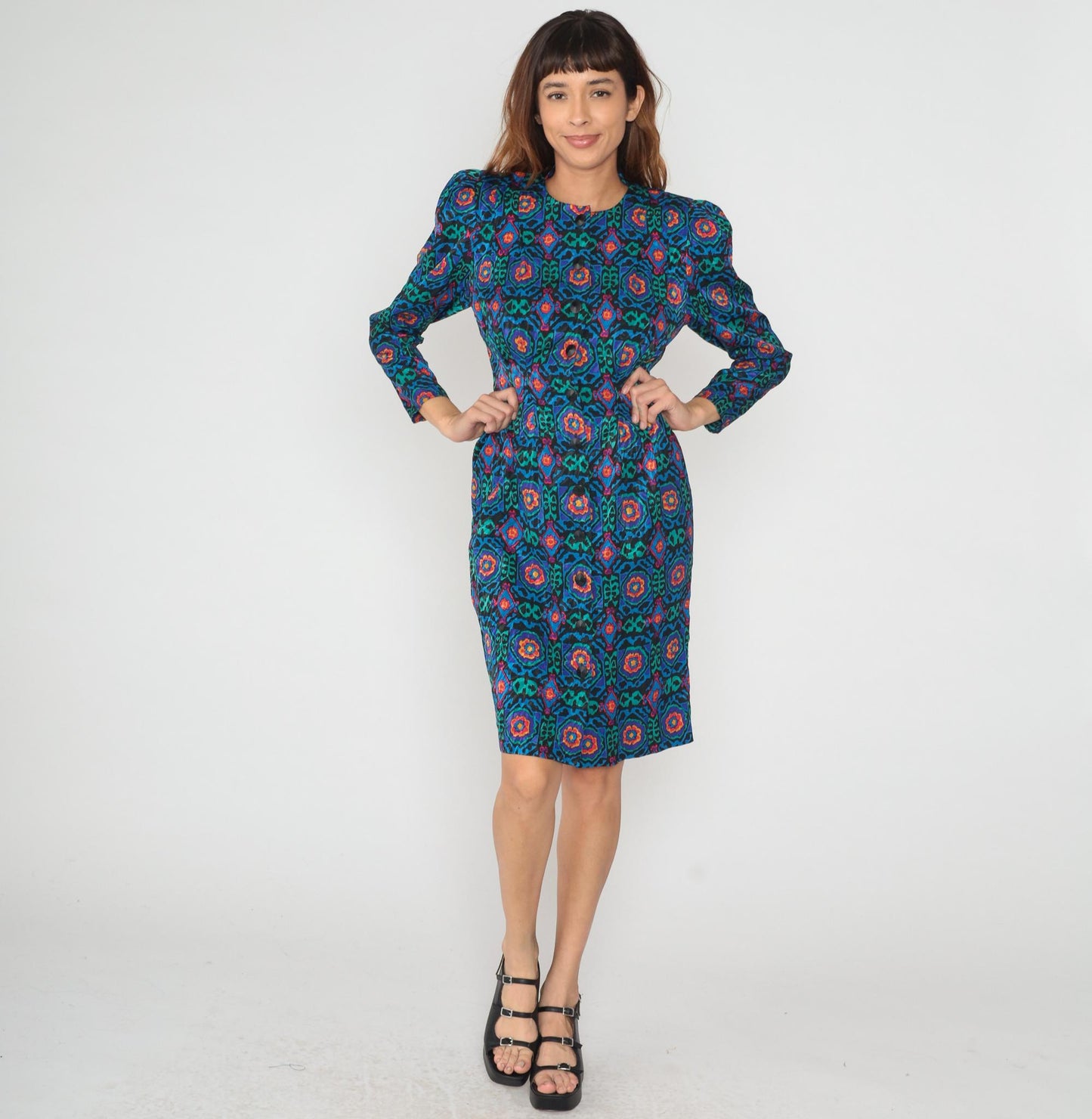 80s Papell Petites Medallion Print Dress Knee Length Geometric Small