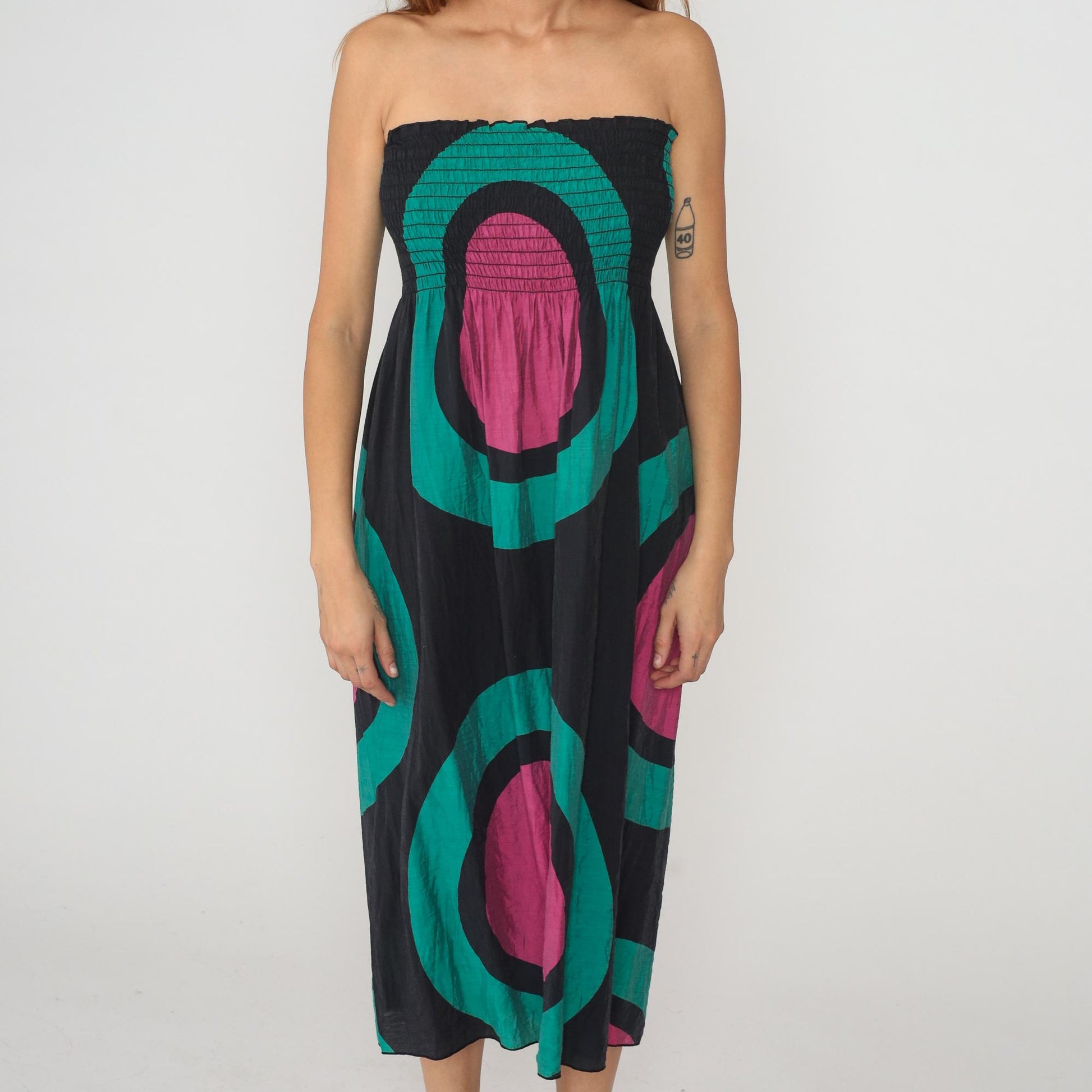 Y2K Hot and Delicious Strapless Dress Geometric Print Black Teal Magenta Large L