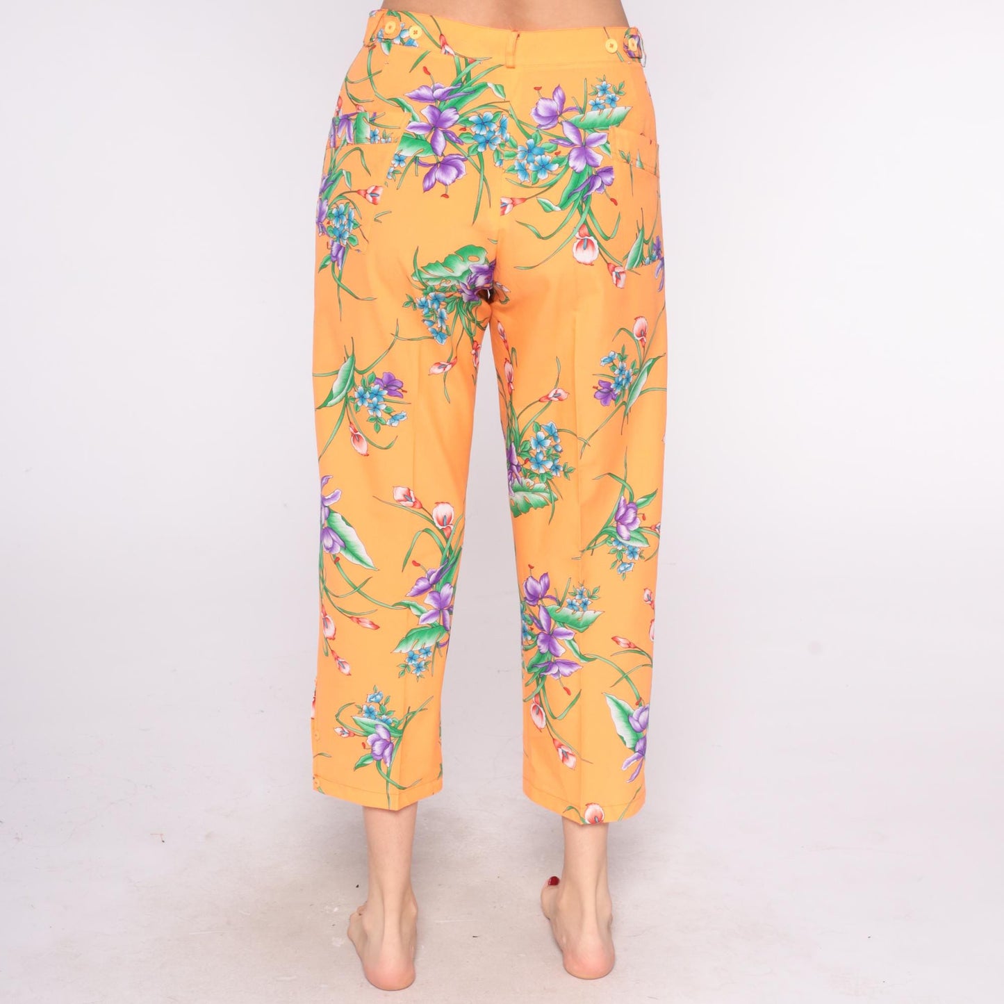 90s Orange Floral Cropped Pants High Rise Straight Leg Medium M