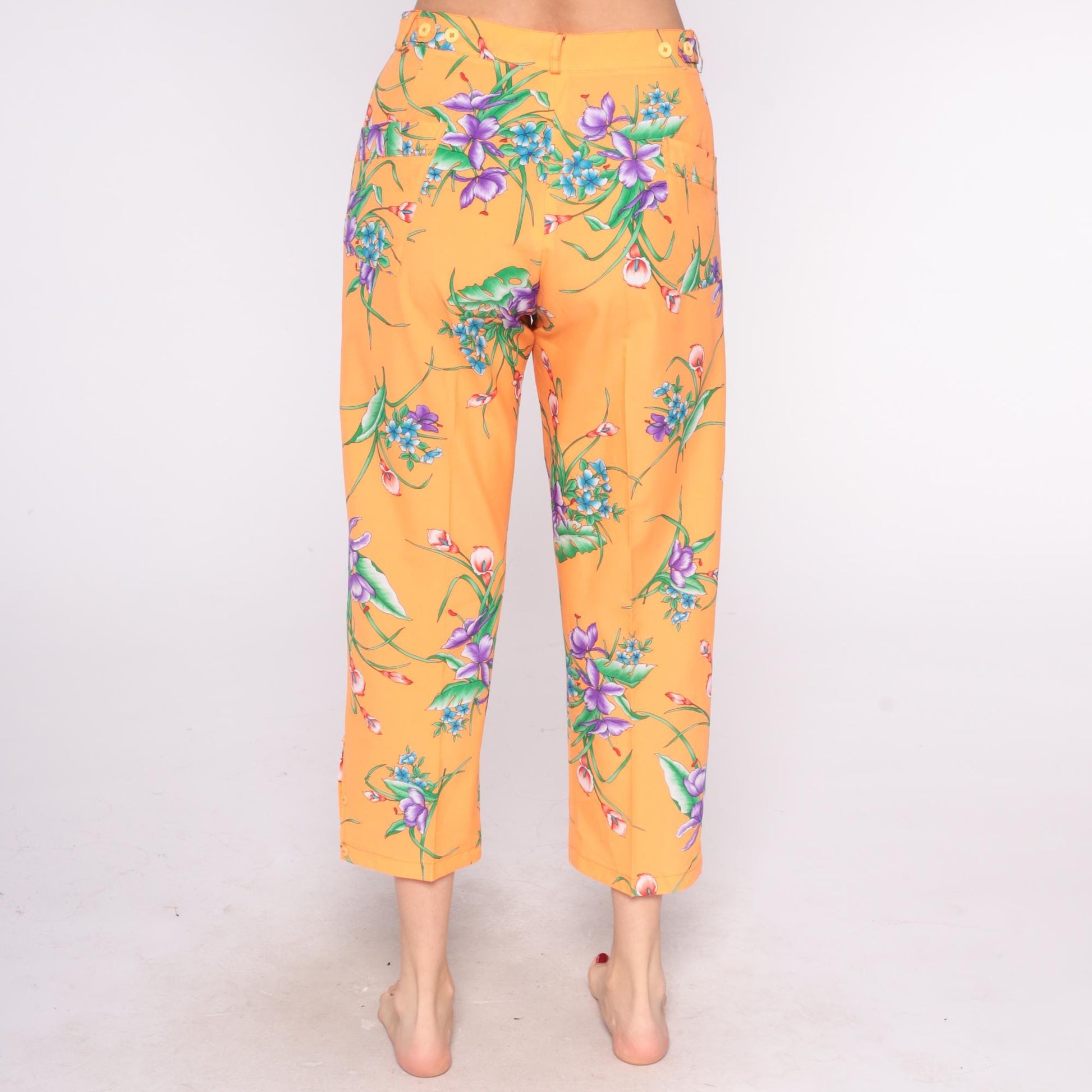 90s Orange Floral Cropped Pants High Rise Straight Leg Medium M
