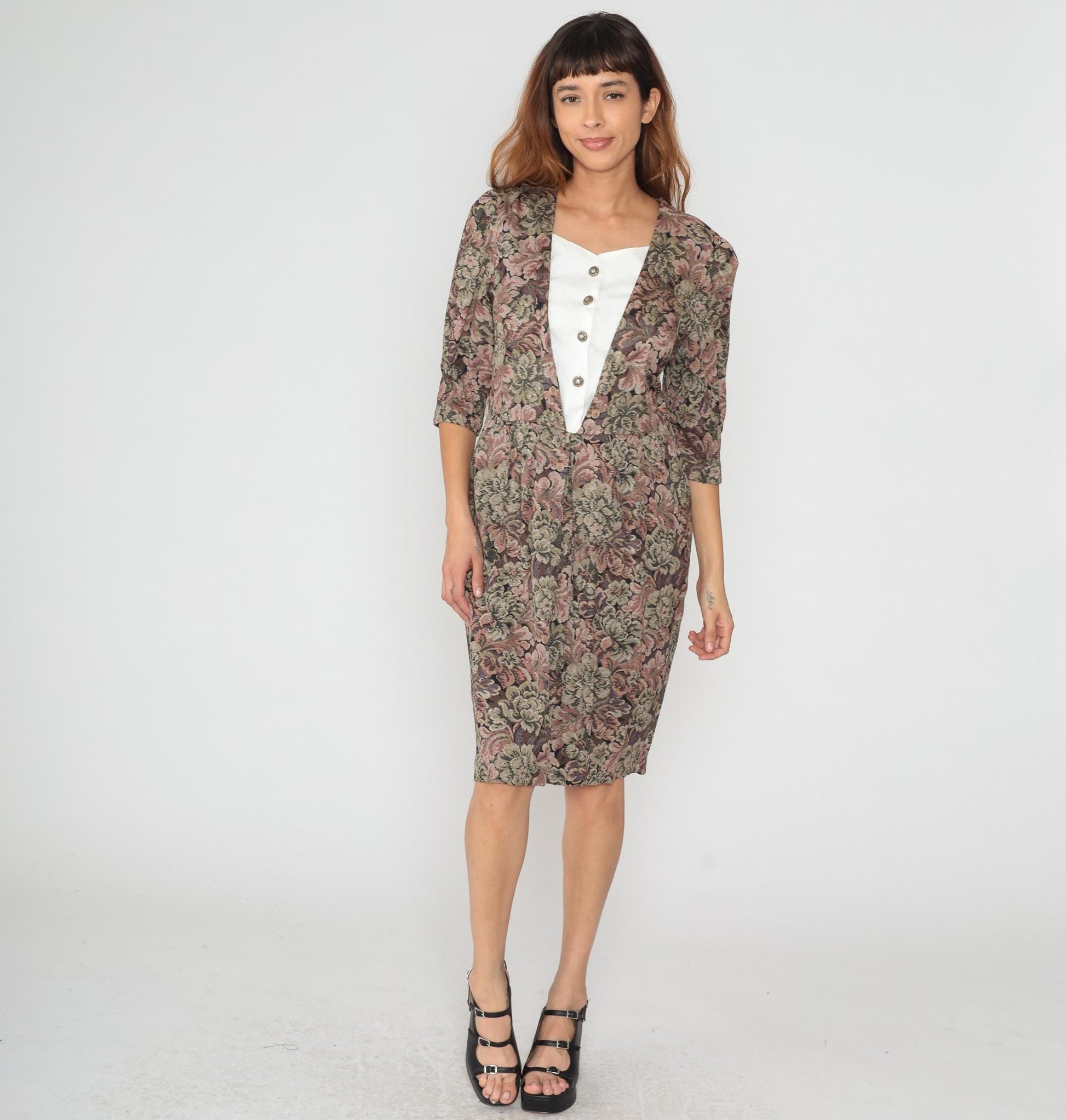90s Peri Petites Floral Dress White Bib Front Button Gathered Waist Large