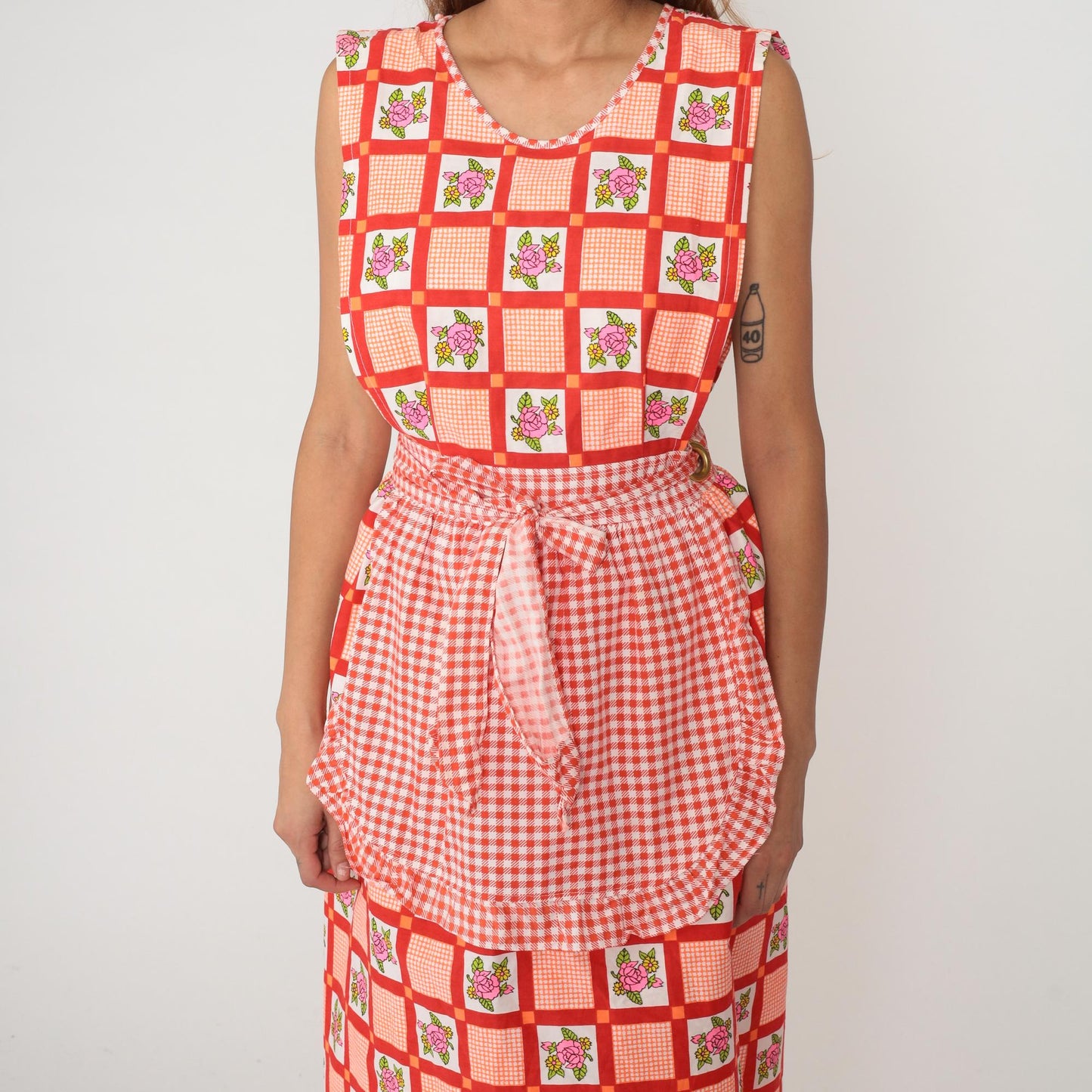 70s Design House Gingham Floral Maxi Dress Red White Pinafore Apron Small