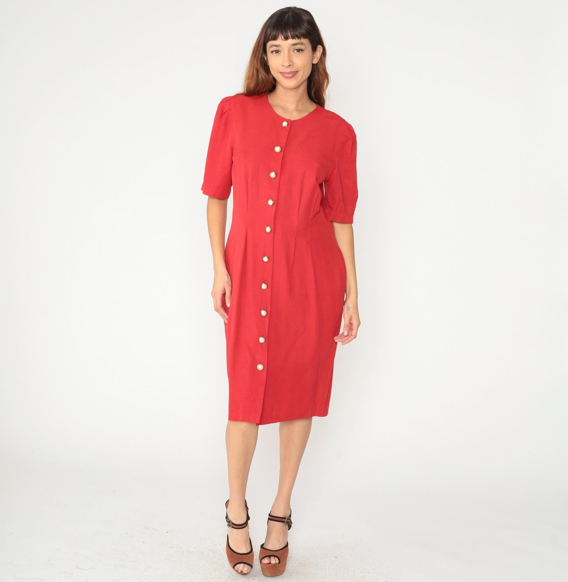 90s Caroline Wells Red Secretary Dress Pearl Buttons Short Sleeve Medium