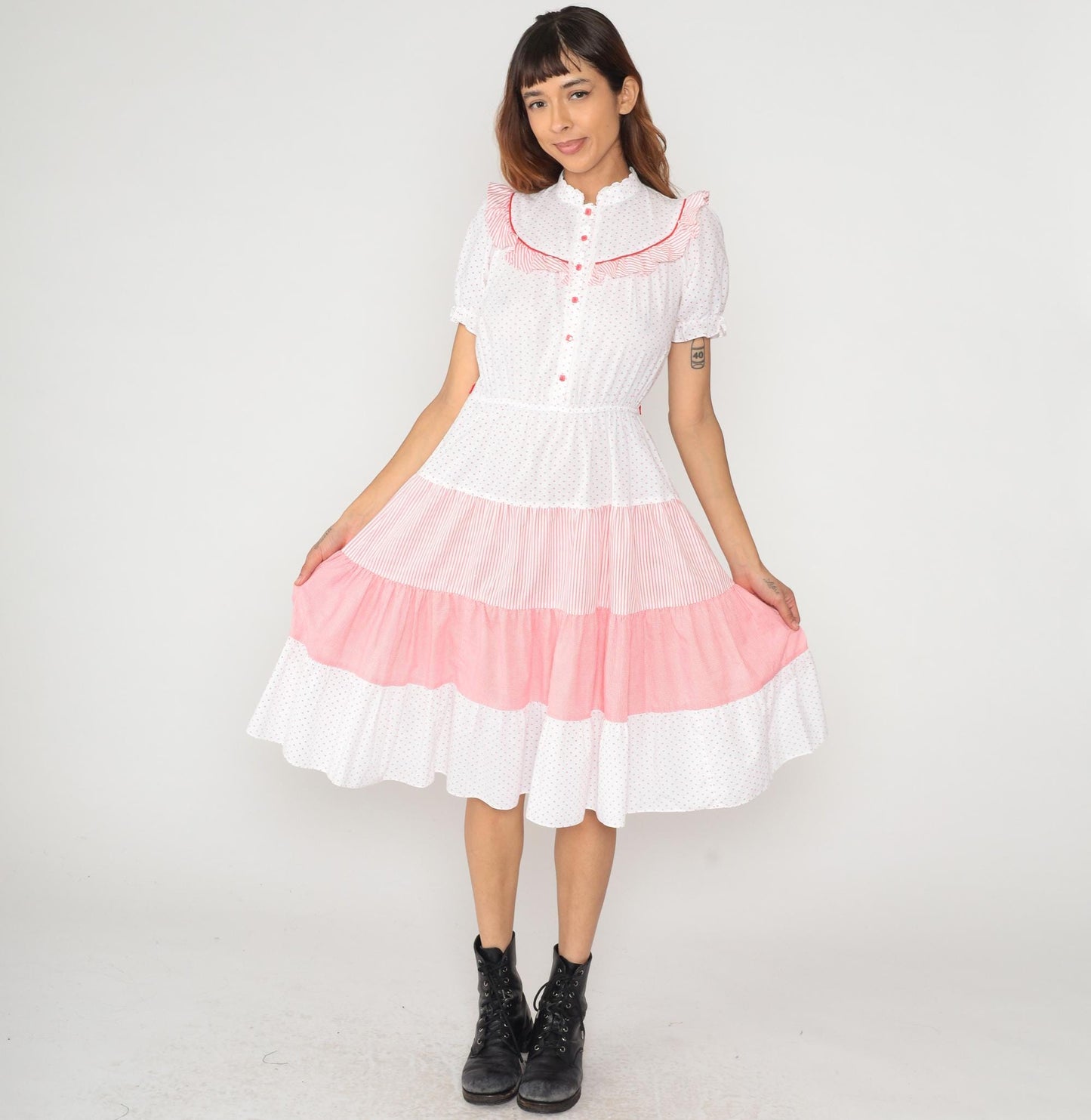 80s White Polka Dot Pink Striped Midi Dress Peter Pan Collar Puff Sleeve Medium