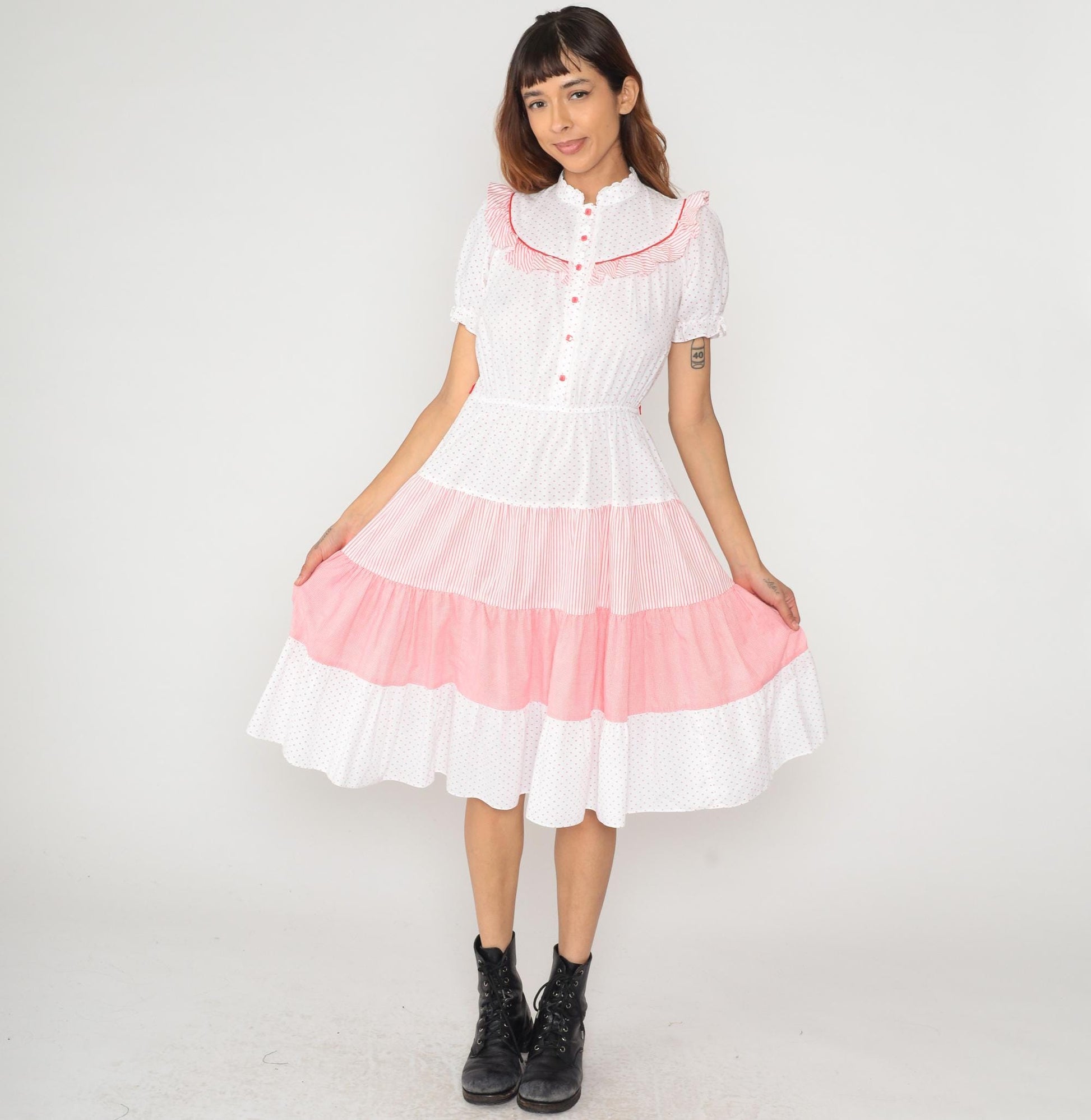 80s White Polka Dot Pink Striped Midi Dress Peter Pan Collar Puff Sleeve Medium
