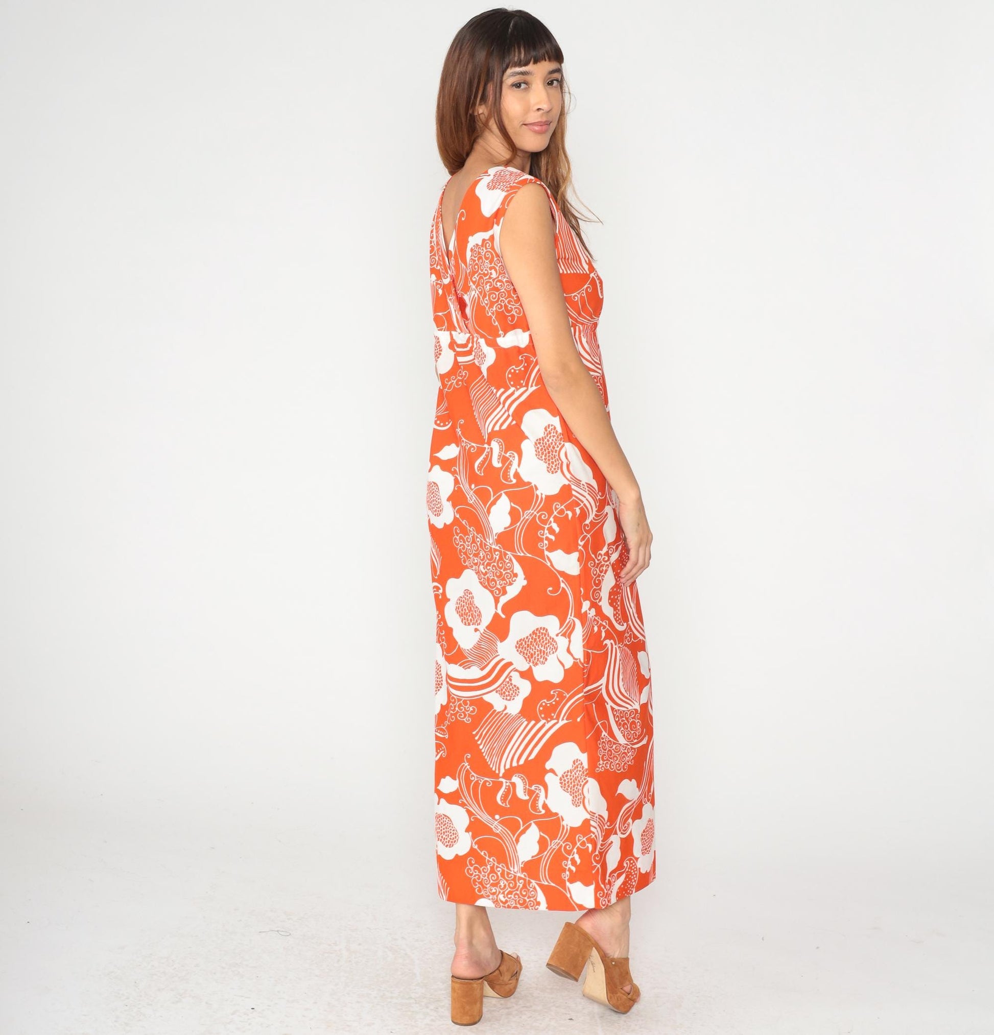 70s Halii Honolulu Orange Floral Maxi Dress Sleeveless V-Neck Large
