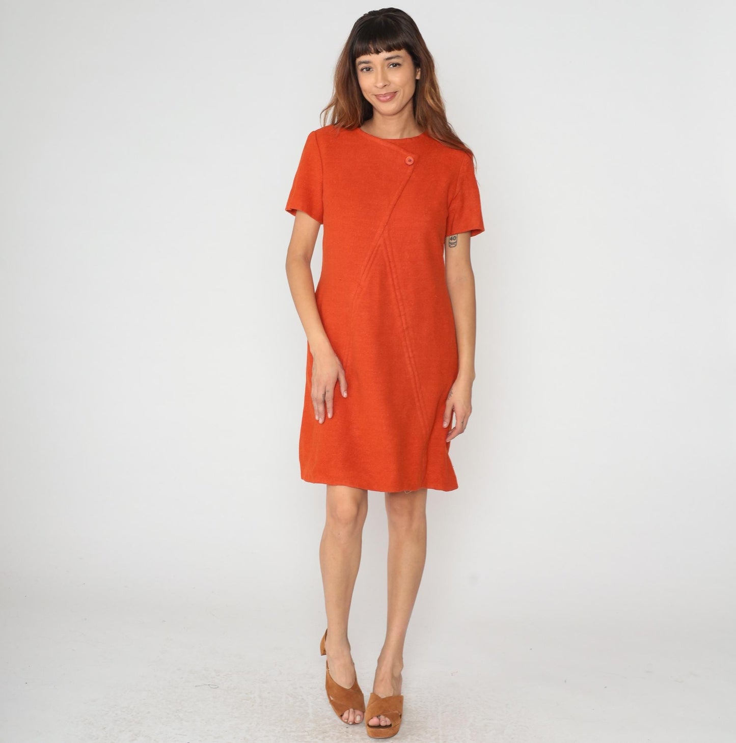 60s Orange Wool Mini Shift Dress Mod A-Line Short Sleeve Medium M