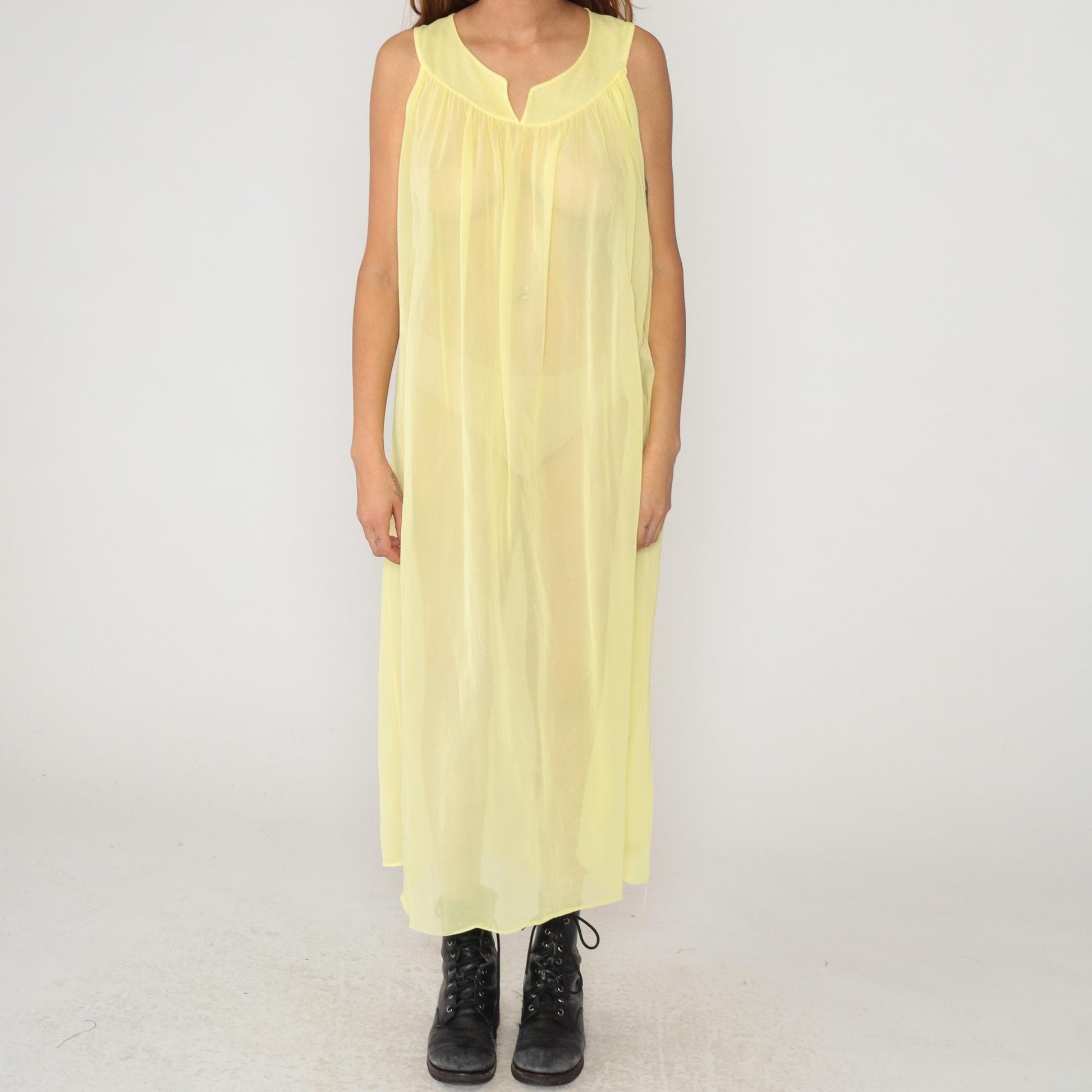 70s Yellow Maxi Nightgown Wide Collar Sleeveless Gathered Bodice Medium