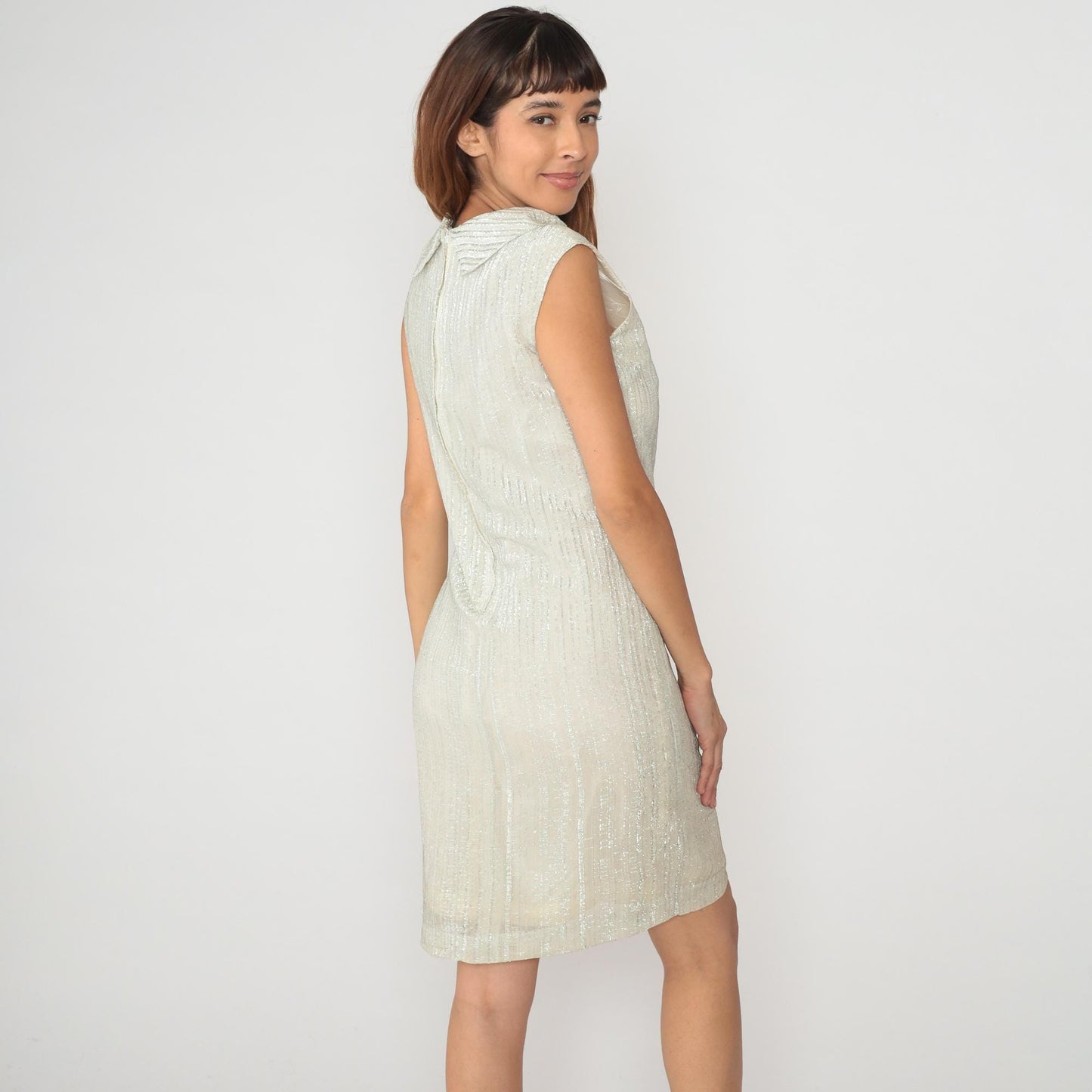 70s Fritzi of California Metallic Shift Dress Cream Collar Sleeveless Small