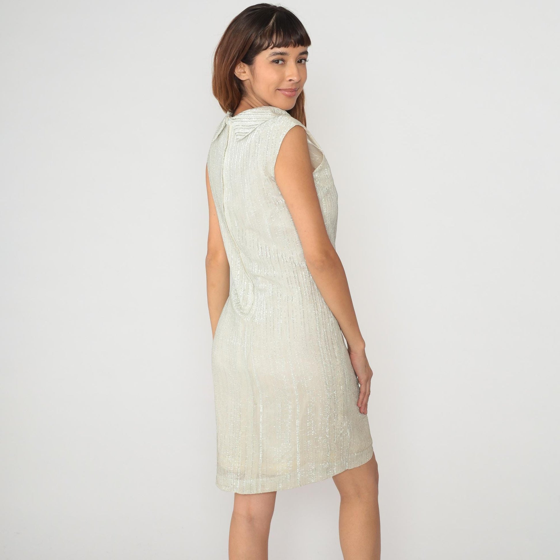 70s Fritzi of California Metallic Shift Dress Cream Collar Sleeveless Small