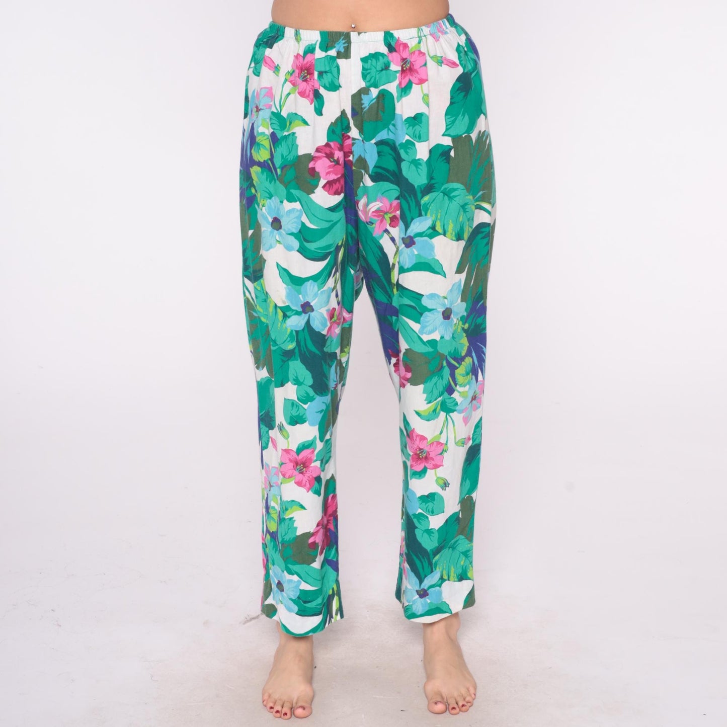 90s Tropical Floral Straight Leg Pants White Pink Green Elastic Waist Large L