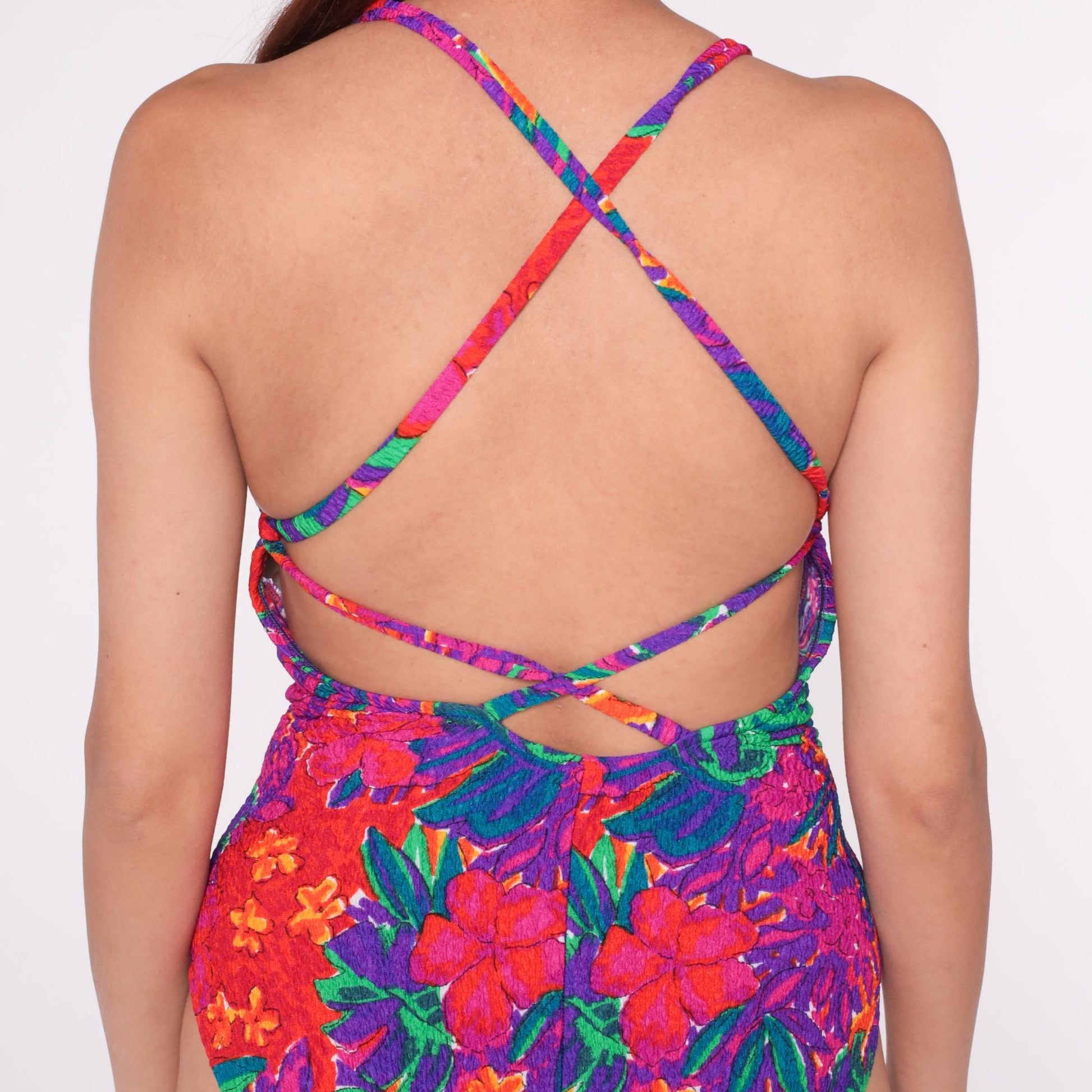 90s Elisabeth Stewart Tropical Floral One-Piece Swimsuit Halter High-Cut Extra Large