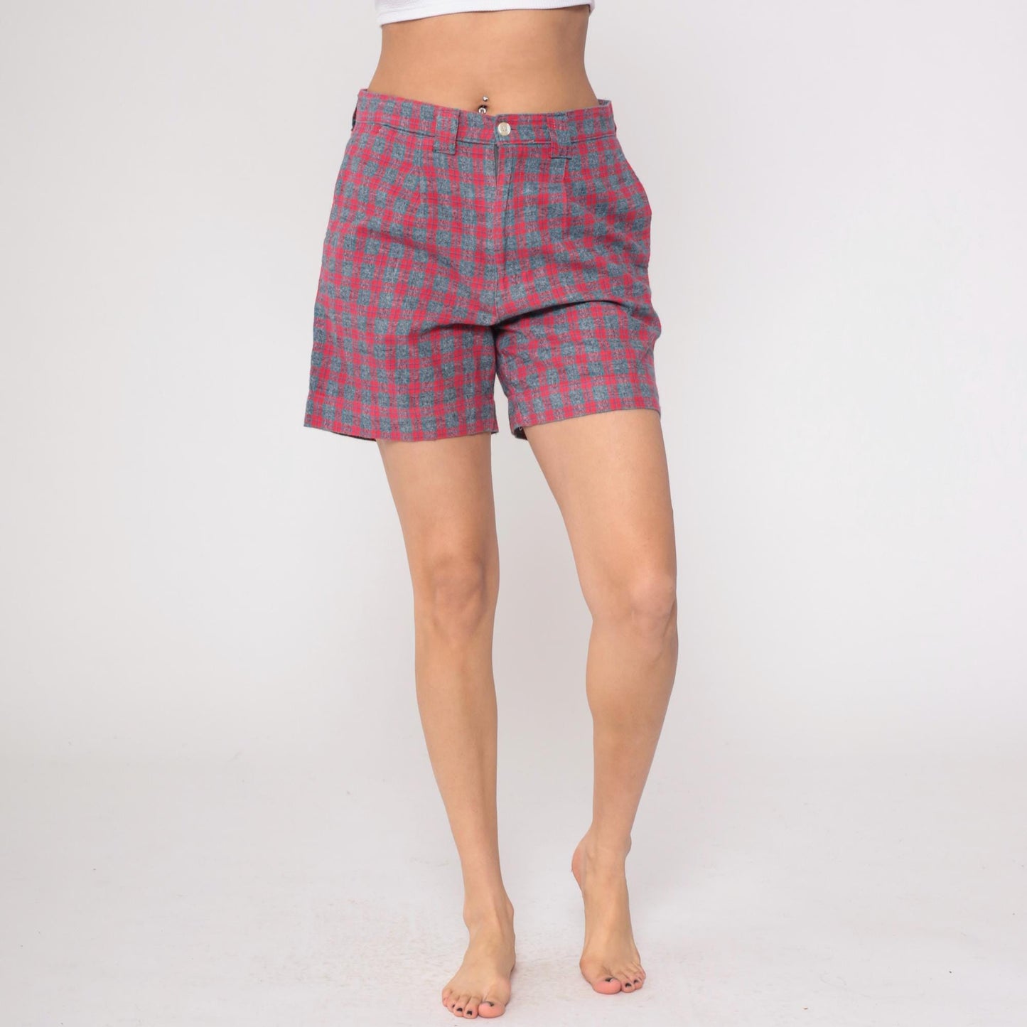 80s Pazzo Plaid High-Waisted Shorts Red Blue Button Front Medium