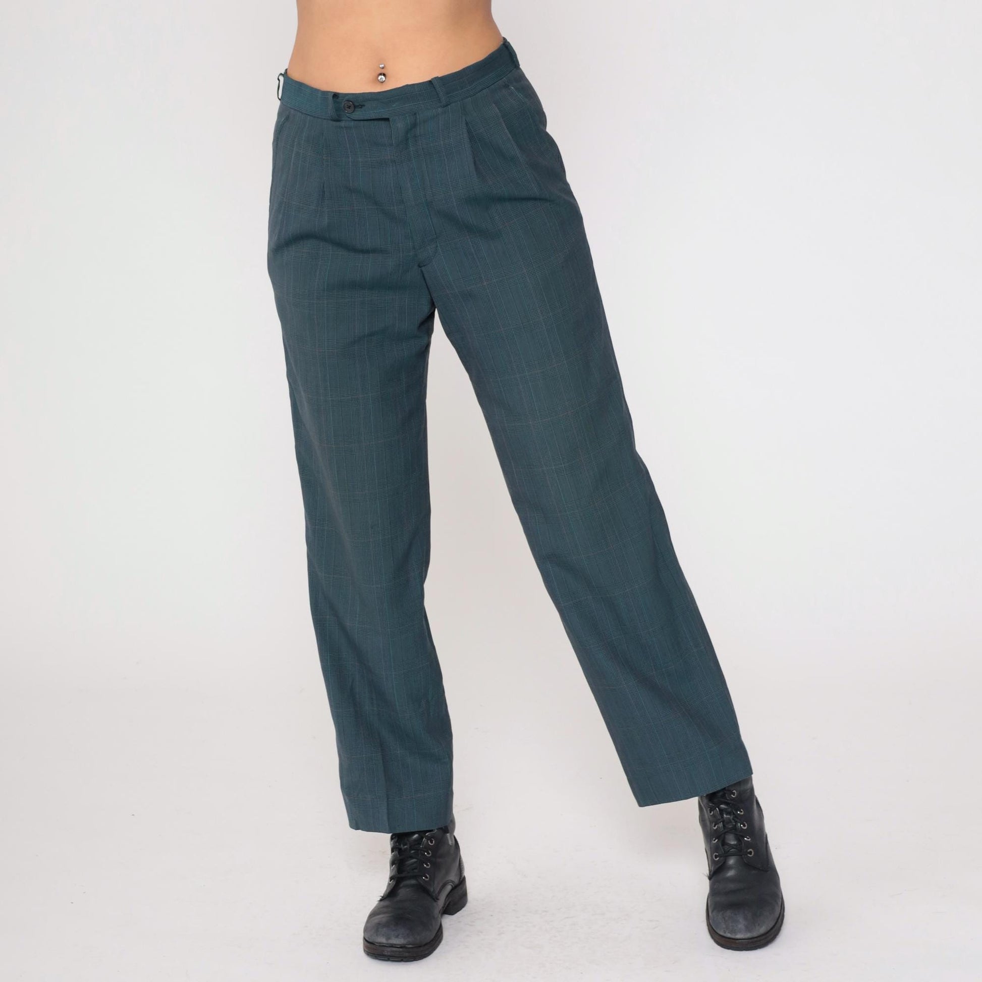 80s Dark Teal Plaid High Waist Straight Leg Trousers Pleated Large