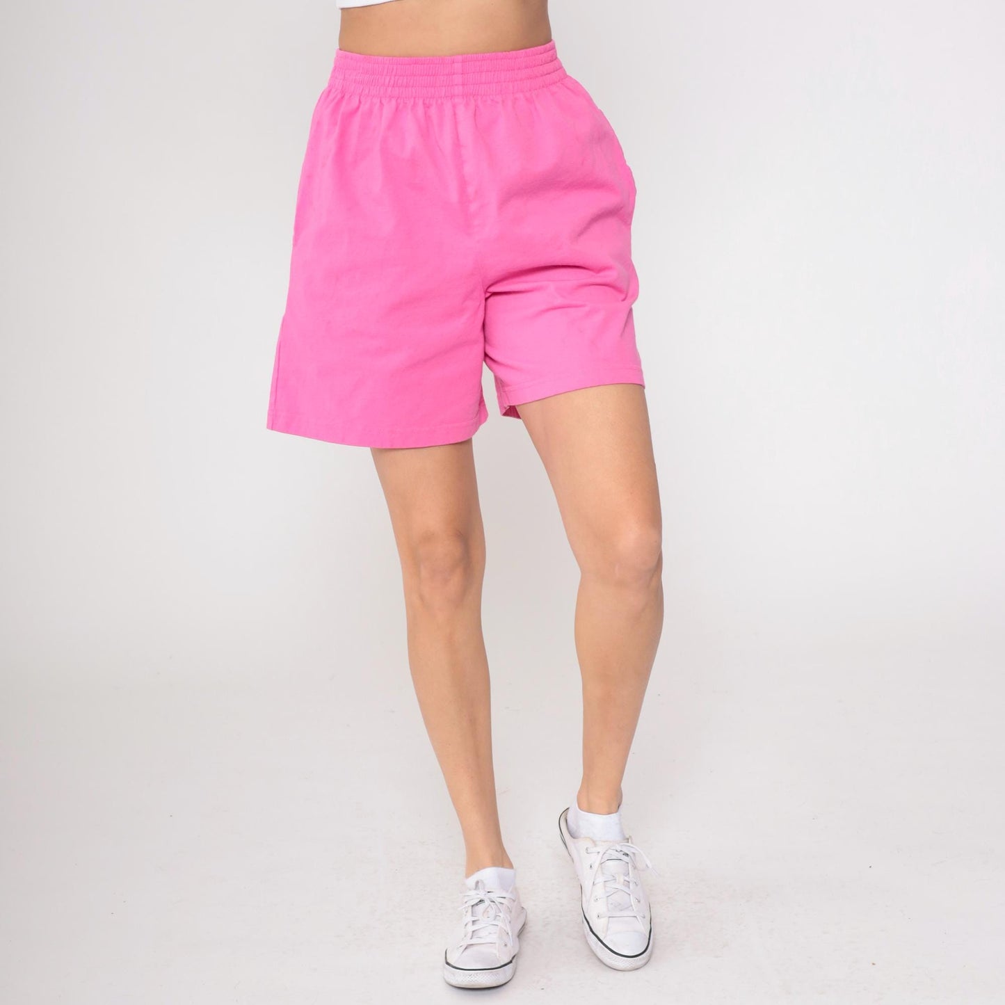 90s Hot Pink Cotton Shorts High Rise Bermuda Elastic Waist Medium