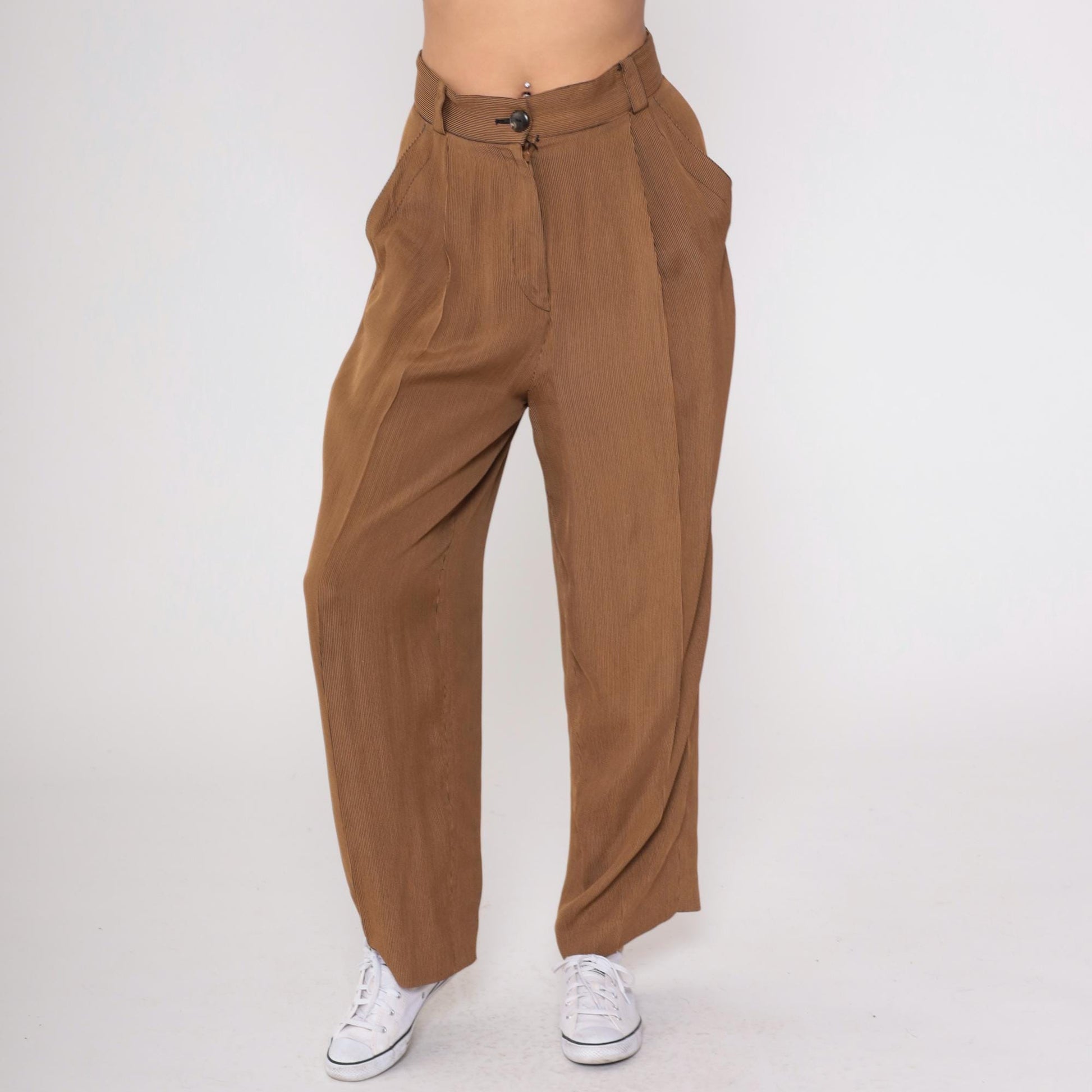 80s Emanuel Ungaro Pinstriped Trousers Brown Tan High Waist Pleated Medium