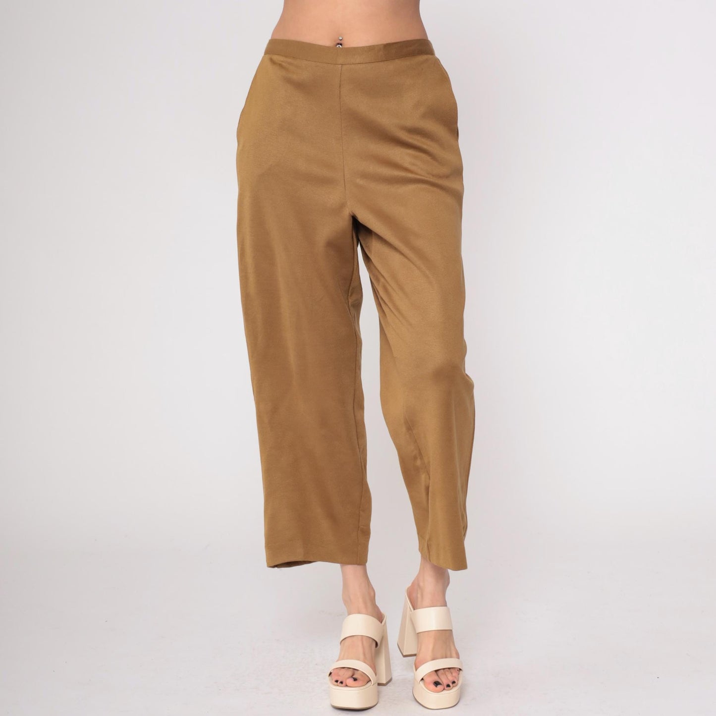 90s Alfred Dunner Tan Knit Pants Elastic Waist Cropped Ankle Large