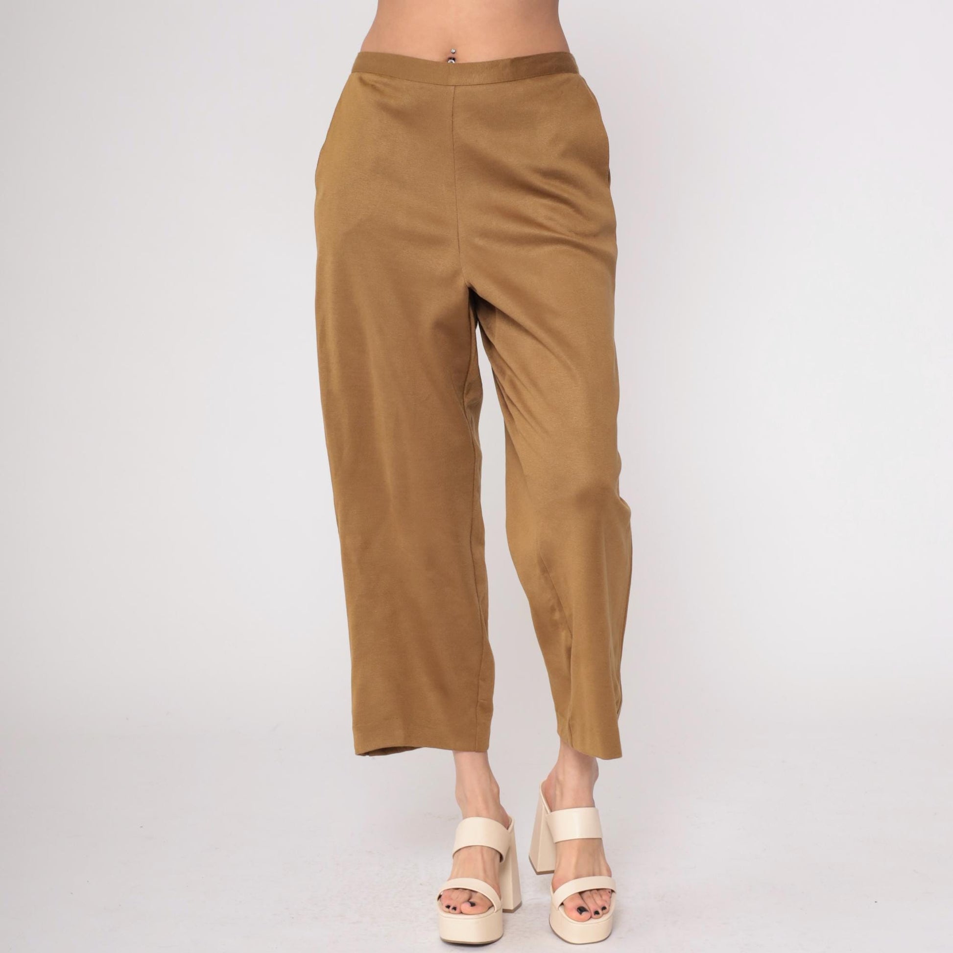 90s Alfred Dunner Tan Knit Pants Elastic Waist Cropped Ankle Large